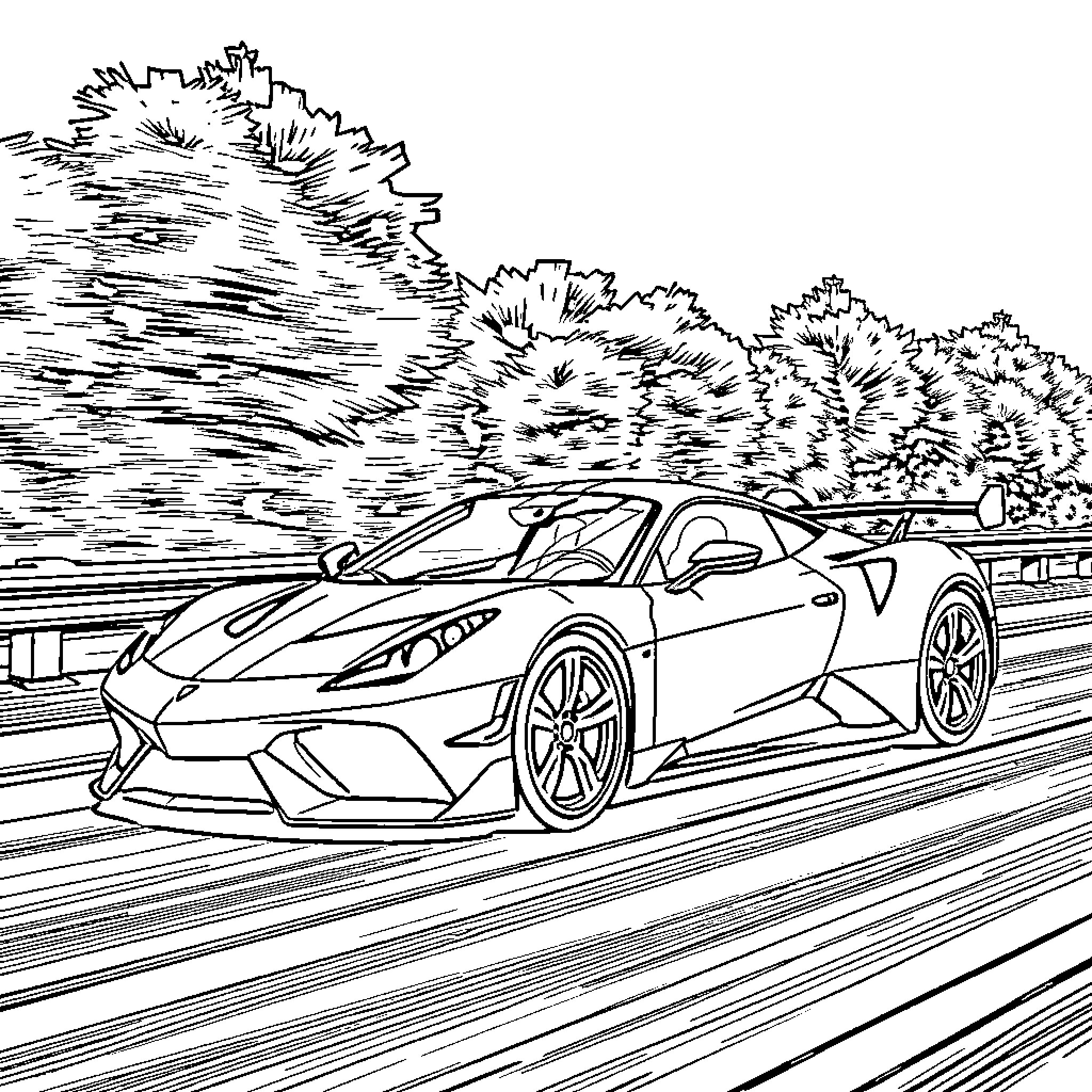 Sports Car Speeding on Scenic Racetrack Coloring Page (free black-and-white line drawing printable PDF for all, from beginners to advanced learners, including children, teens, adults, and seniors)
