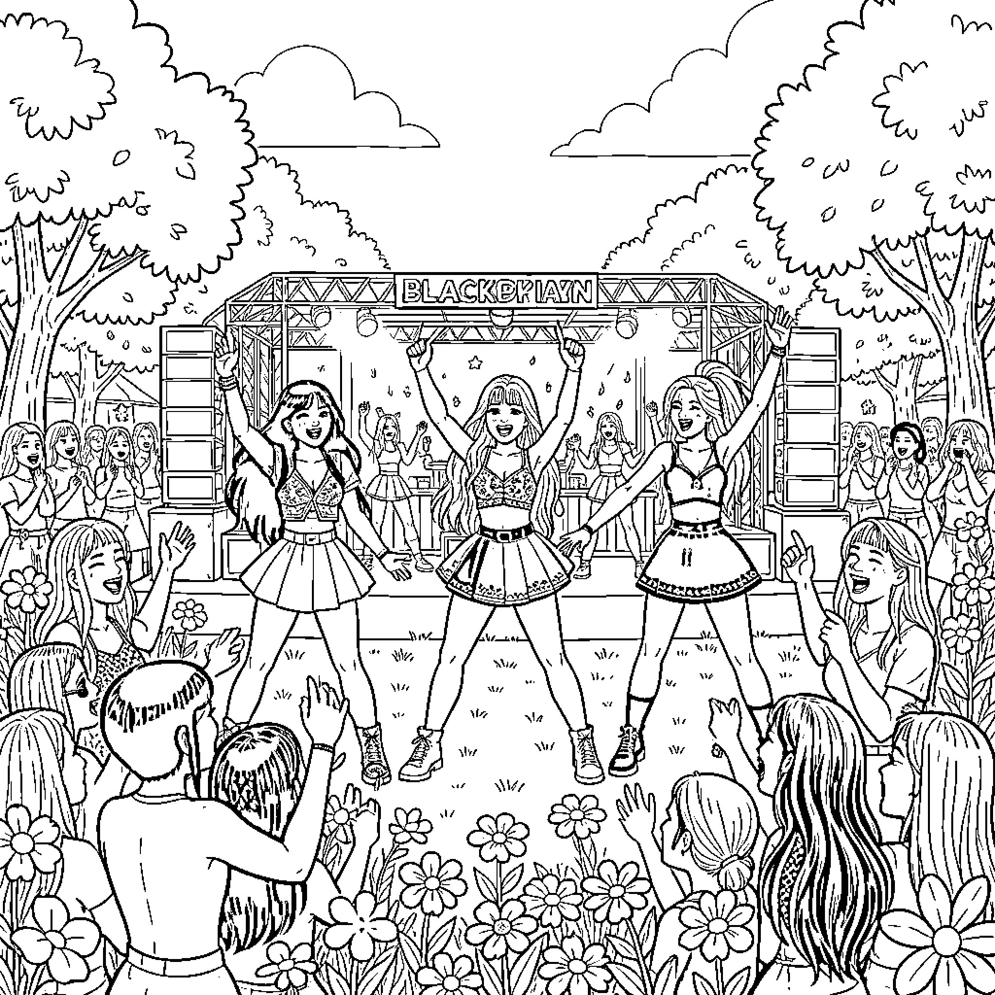 Blackpink performing energetically on stage Coloring Page (free black-and-white line drawing printable PDF for all, from beginners to advanced learners, including children, teens, adults, and seniors)