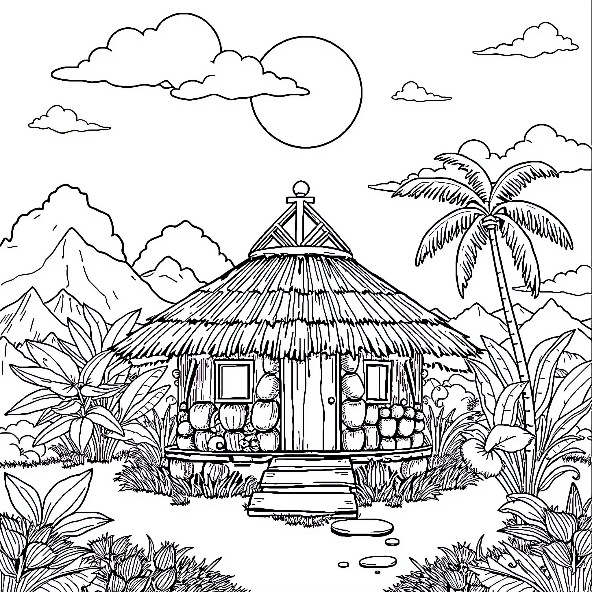 Lavaka - Tropical Retreat in Paradise Coloring Page (free black-and-white line drawing printable PDF for all, from beginners to advanced learners, including children, teens, adults, and seniors)