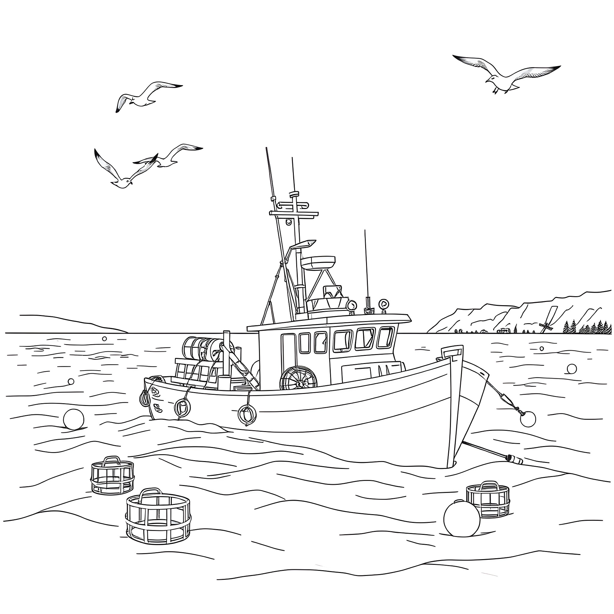 Lobster fishing boat in the open sea Coloring Page (free black-and-white line drawing printable PDF for all, from beginners to advanced learners, including children, teens, adults, and seniors)