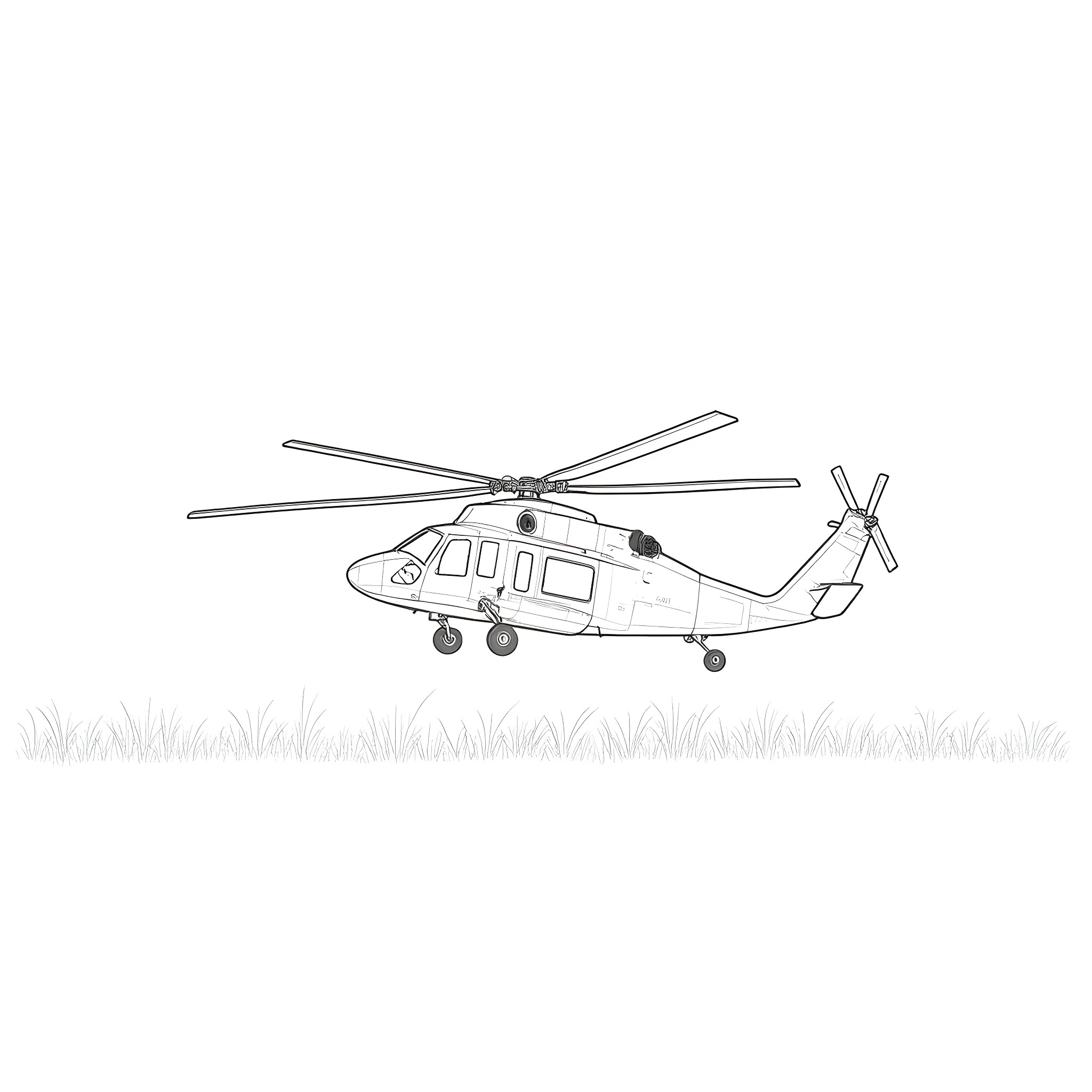 MH-53 Helicopter in Flight Coloring Page (free black-and-white line drawing printable PDF for all, from beginners to advanced learners, including children, teens, adults, and seniors)