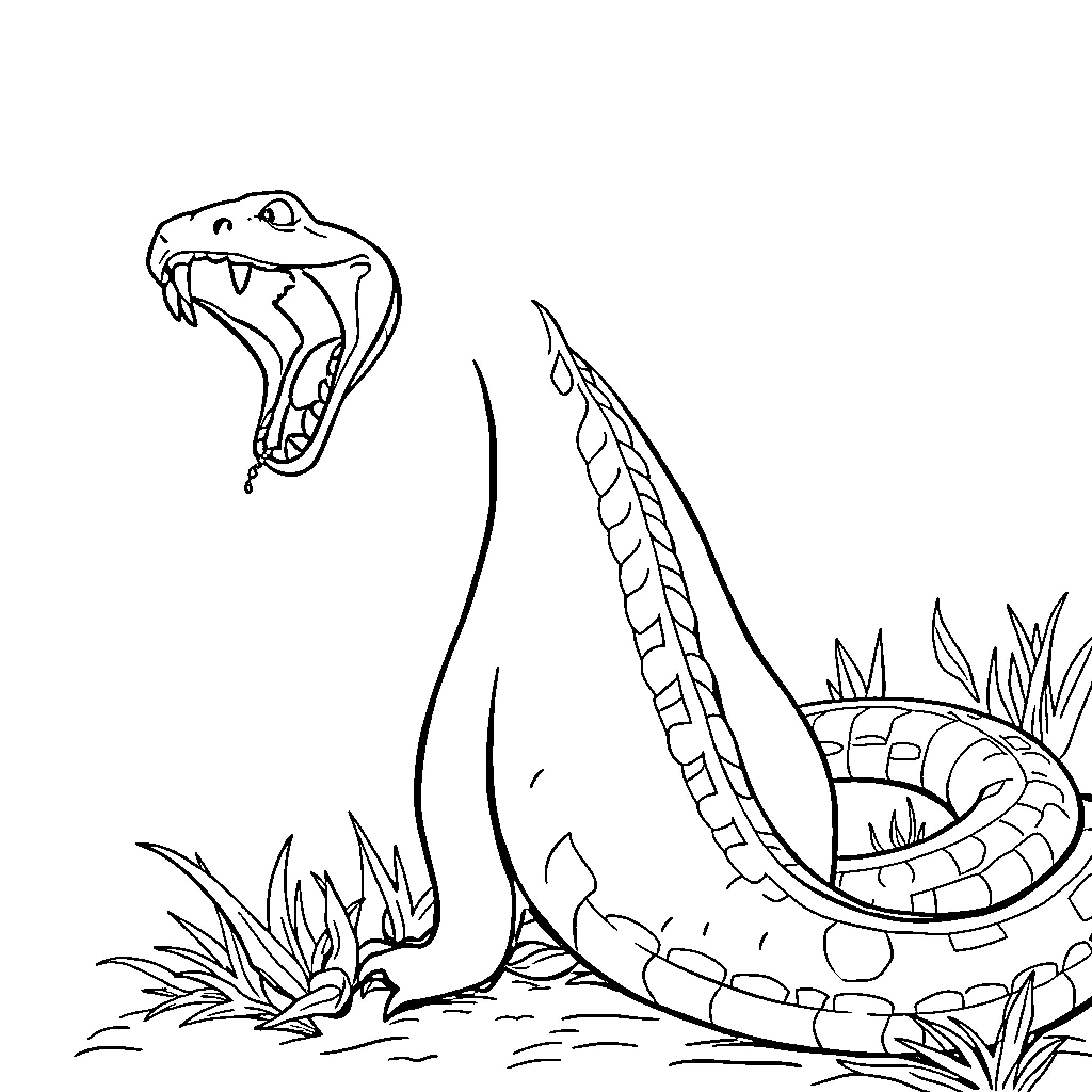 Snake Coiled and Hissing in the Grass Coloring Page (free black-and-white line drawing printable PDF for all, from beginners to advanced learners, including children, teens, adults, and seniors)