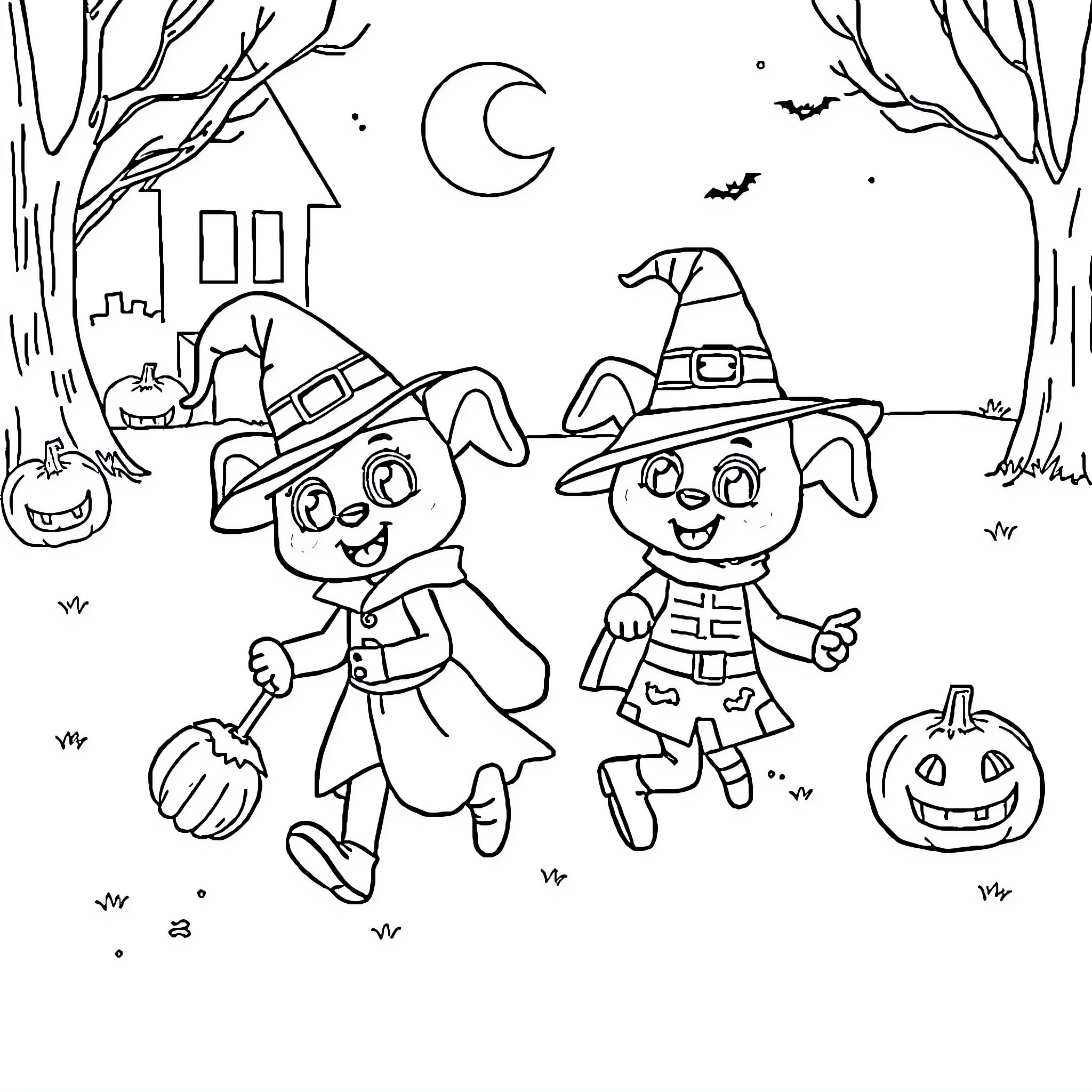 Bluey's Halloween Adventure with Friends Coloring Page (free black-and-white line drawing printable PDF for all, from beginners to advanced learners, including children, teens, adults, and seniors)