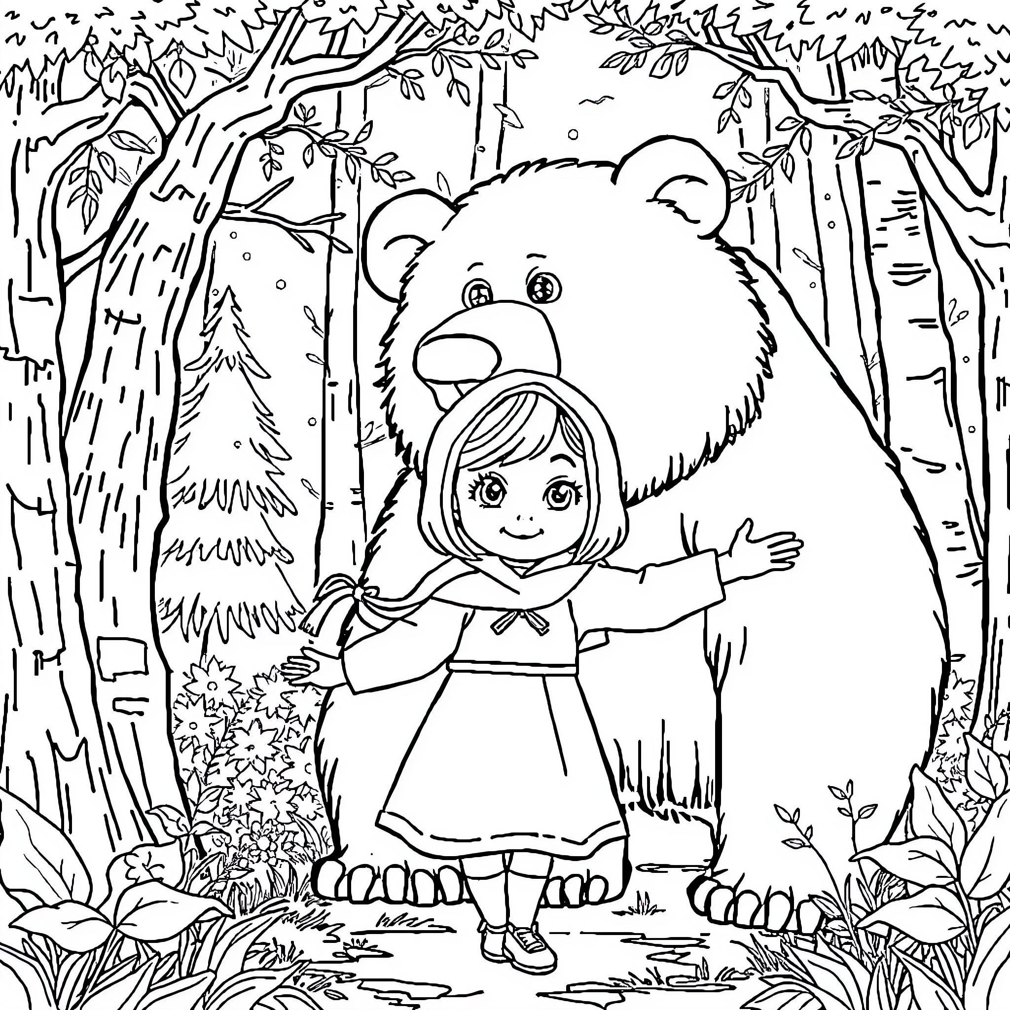 Masha exploring the enchanted forest with her bear friend Coloring Page (free black-and-white line drawing printable PDF for all, from beginners to advanced learners, including children, teens, adults, and seniors)