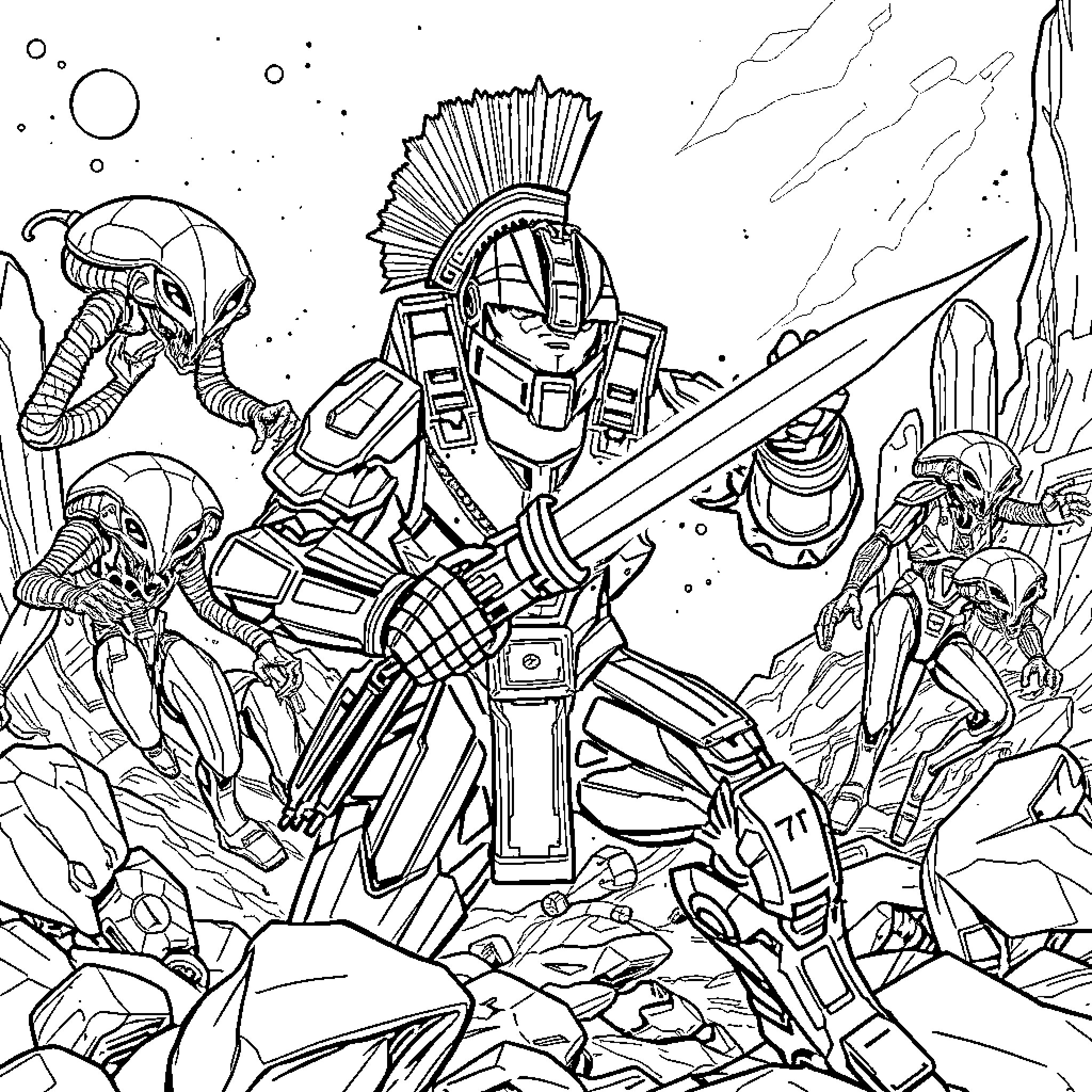 Halo Chief in Epic Sci-Fi Battle Armor Coloring Page (free black-and-white line drawing printable PDF for all, from beginners to advanced learners, including children, teens, adults, and seniors)