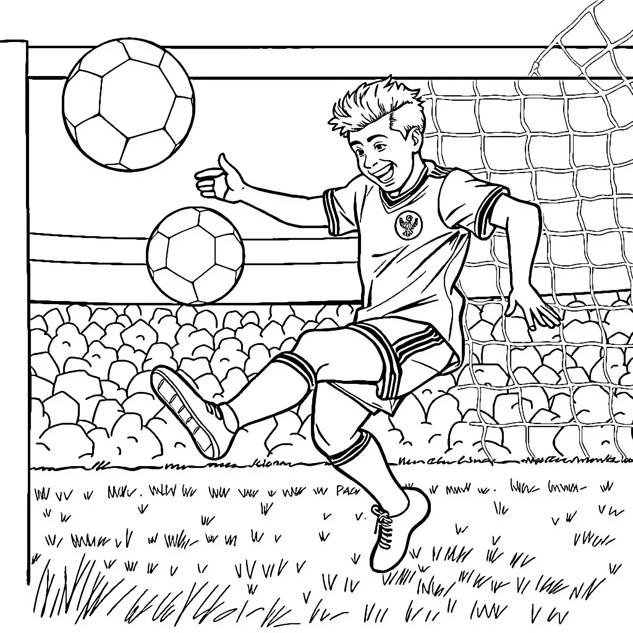 Football Player Scoring Goal on Field Coloring Page (free black-and-white line drawing printable PDF for all, from beginners to advanced learners, including children, teens, adults, and seniors)
