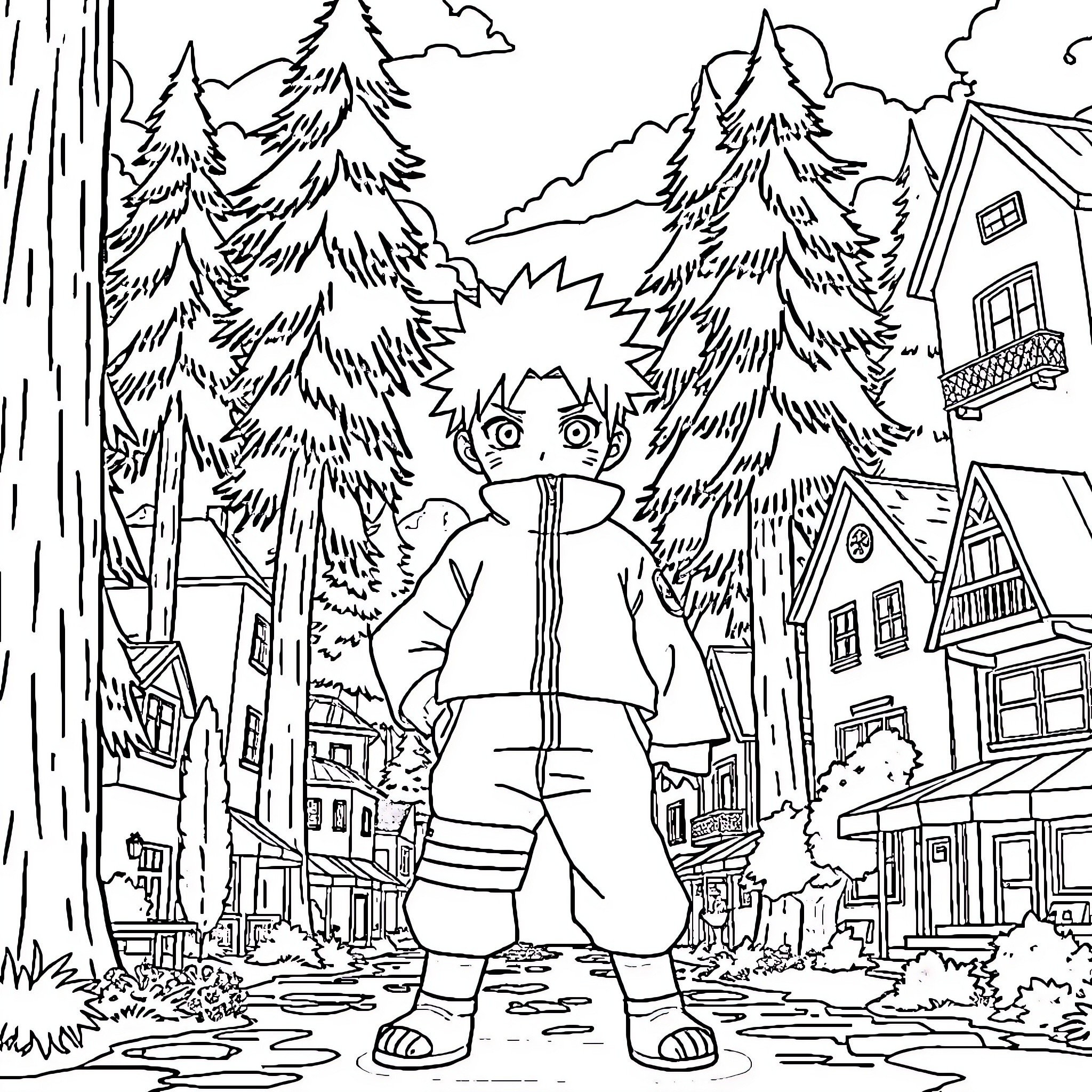 Naruto Character in Rainy Village Landscape Coloring Page (free black-and-white line drawing printable PDF for all, from beginners to advanced learners, including children, teens, adults, and seniors)