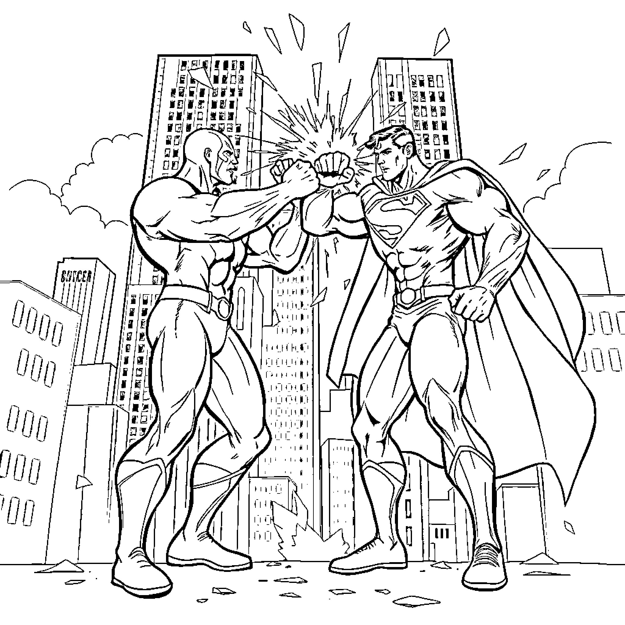 Superman heroes fight dramatically in city skyline Coloring Page (free black-and-white line drawing printable PDF for all, from beginners to advanced learners, including children, teens, adults, and seniors)