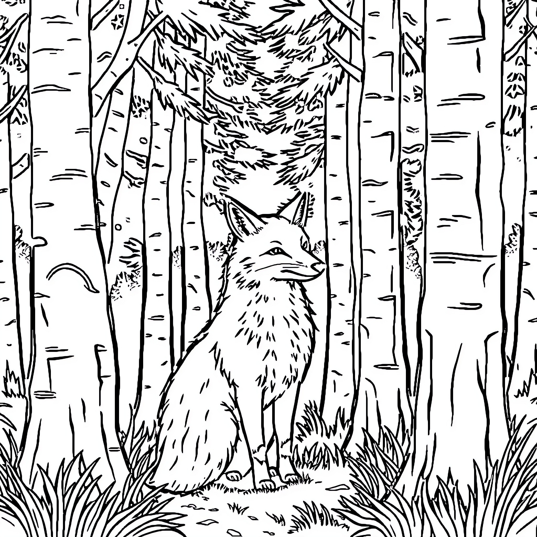 Fox in the Enchanting Forest Coloring Page (free black-and-white line drawing printable PDF for all, from beginners to advanced learners, including children, teens, adults, and seniors)