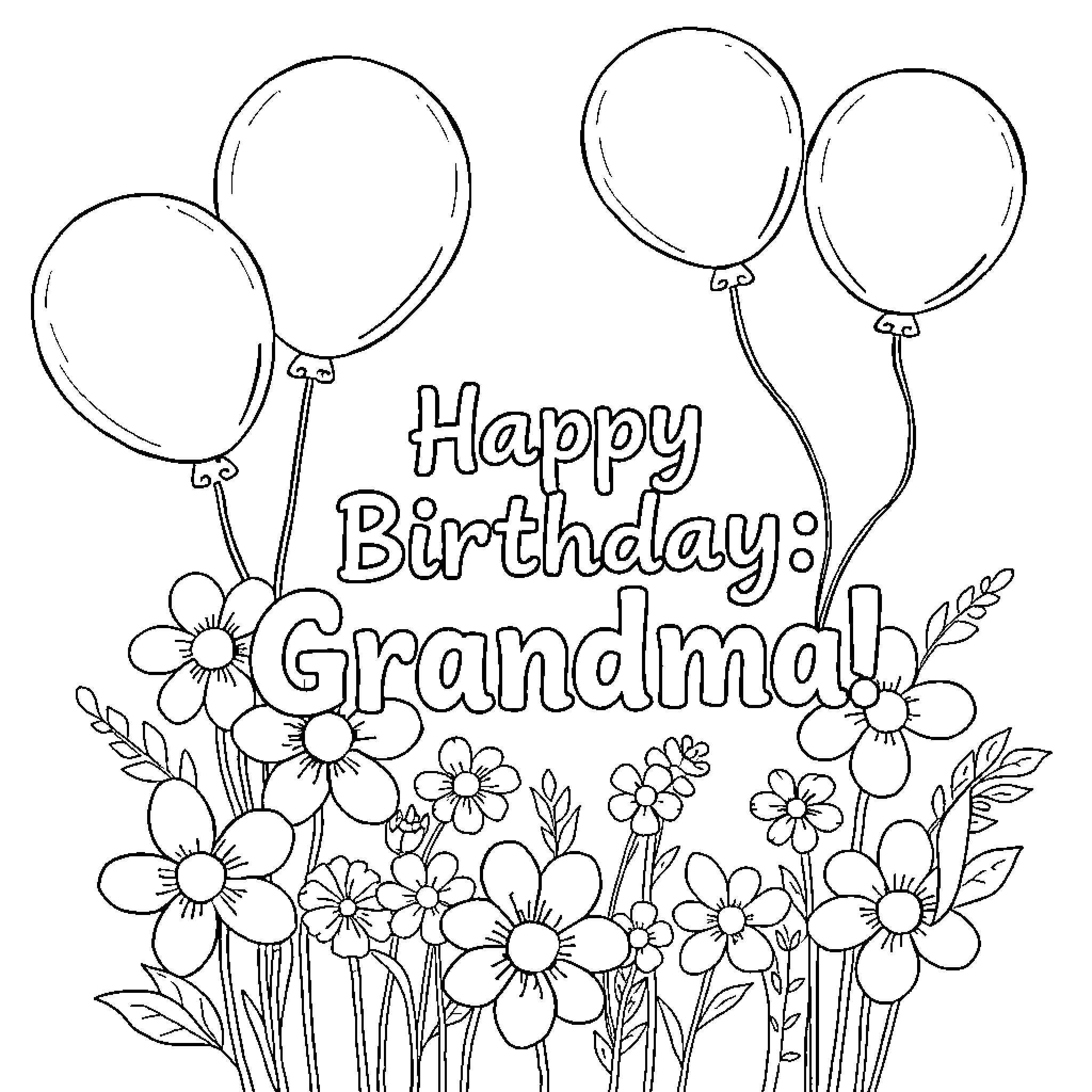 Birthday Card with Floral Balloons and Greeting for Grandma Coloring Page (free black-and-white line drawing printable PDF for all, from beginners to advanced learners, including children, teens, adults, and seniors)