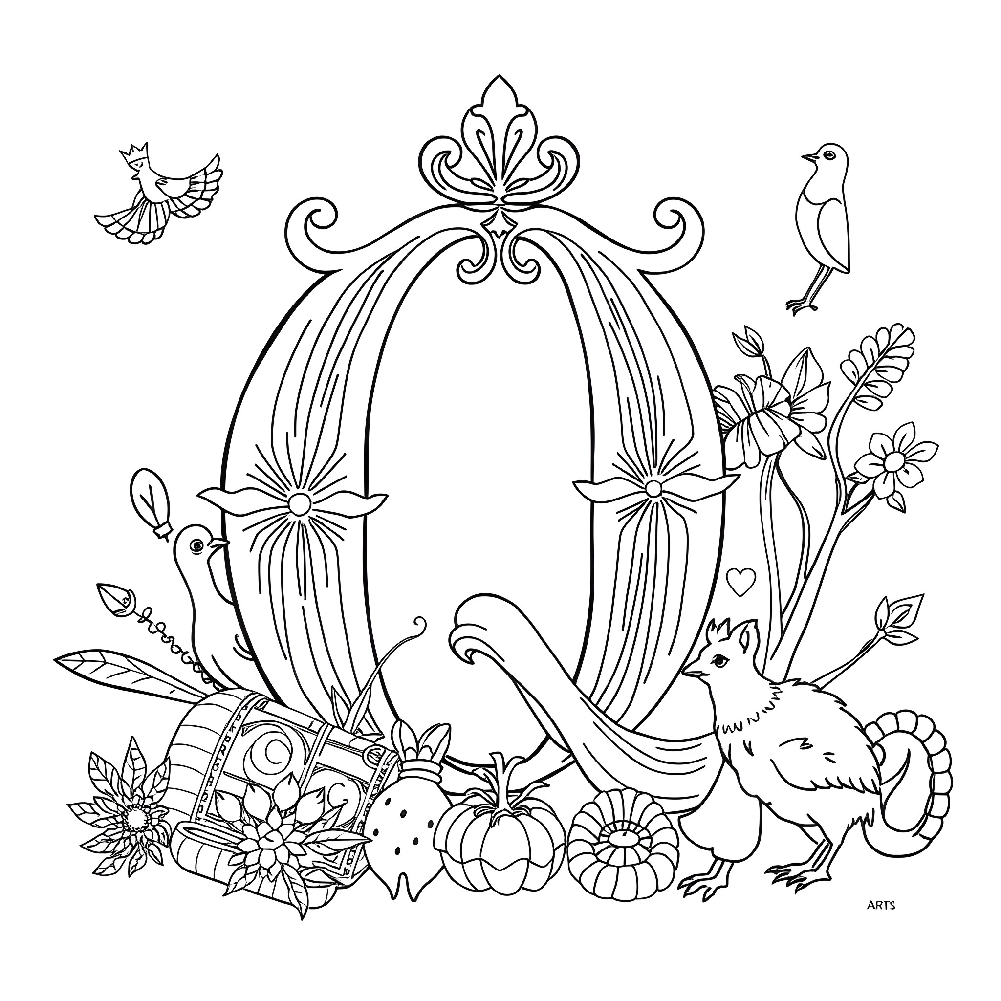 Letter Q Fantastical Creatures in Nature's Whimsical Frame Coloring Page (free black-and-white line drawing printable PDF for all, from beginners to advanced learners, including children, teens, adults, and seniors)
