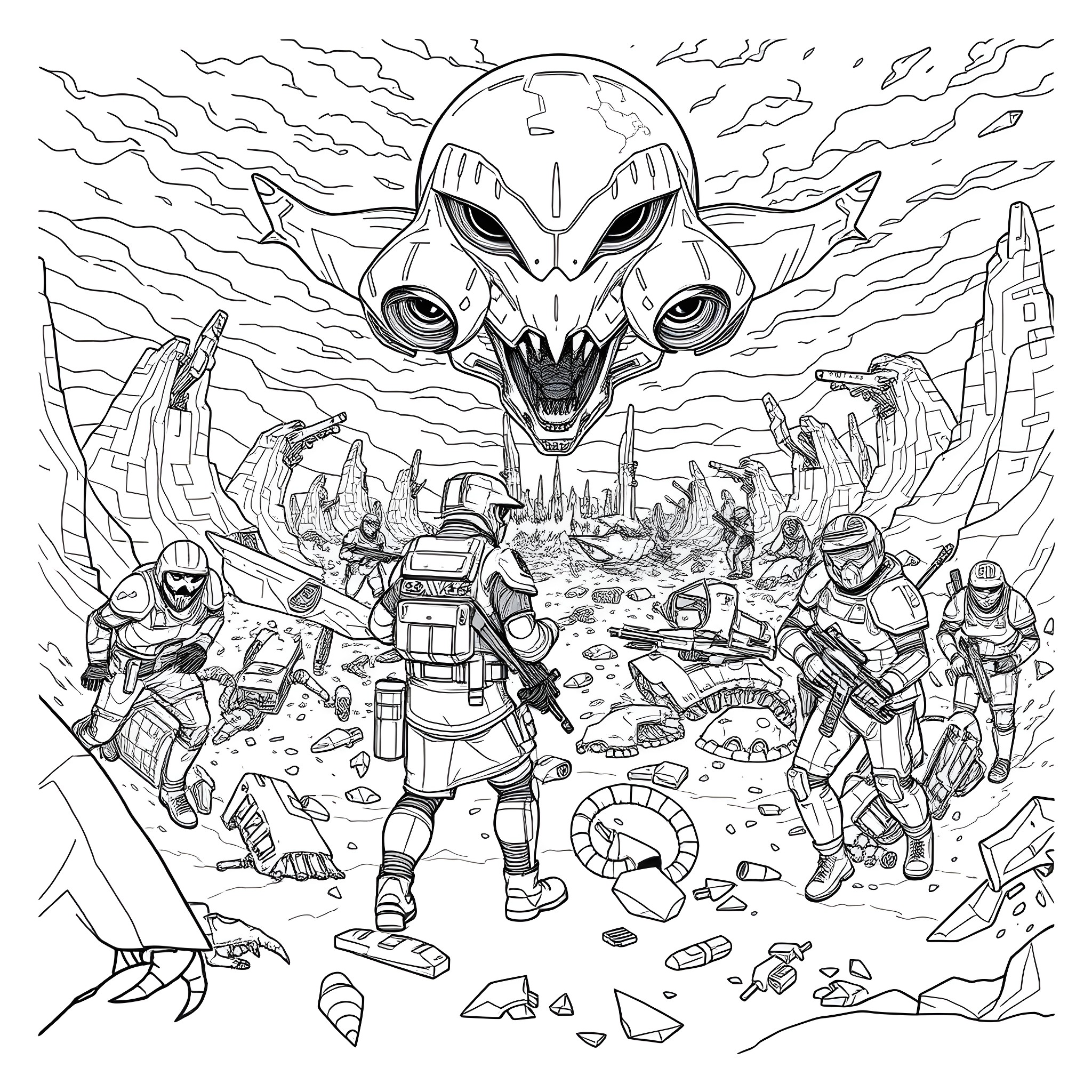 Helldivers: Alien Invasion Chaos Coloring Page (free black-and-white line drawing printable PDF for all, from beginners to advanced learners, including children, teens, adults, and seniors)