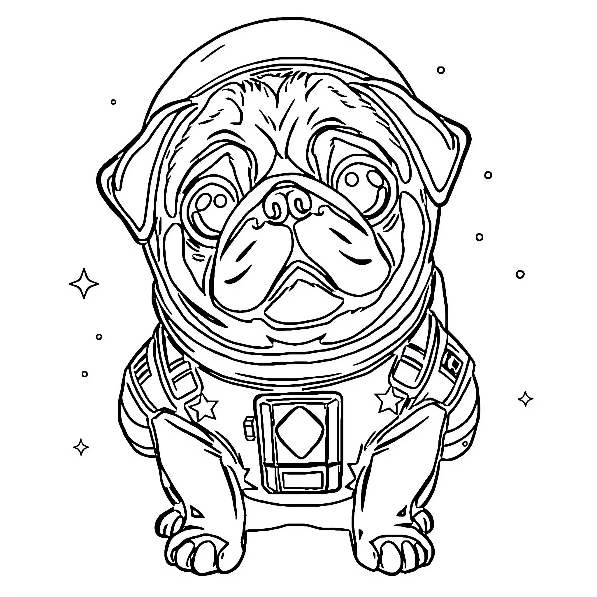 Pug astronaut exploring the galaxy Coloring Page (free black-and-white line drawing printable PDF for all, from beginners to advanced learners, including children, teens, adults, and seniors)