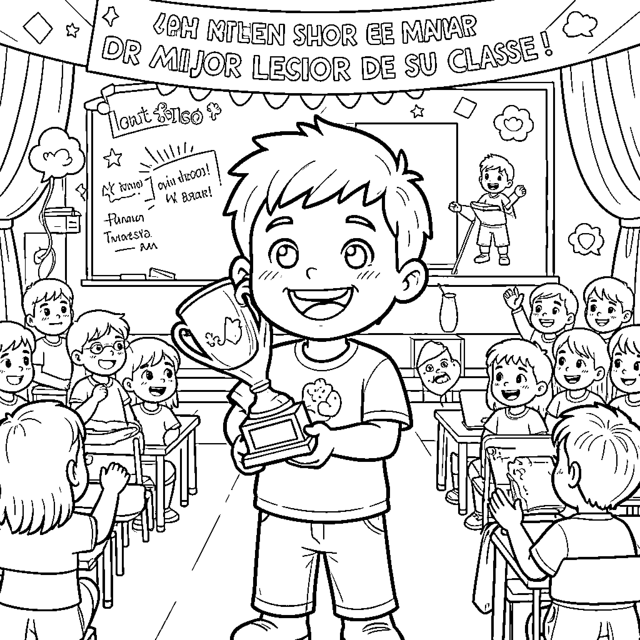 Niño holding a trophy in front of his class Coloring Page (free black-and-white line drawing printable PDF for all, from beginners to advanced learners, including children, teens, adults, and seniors)