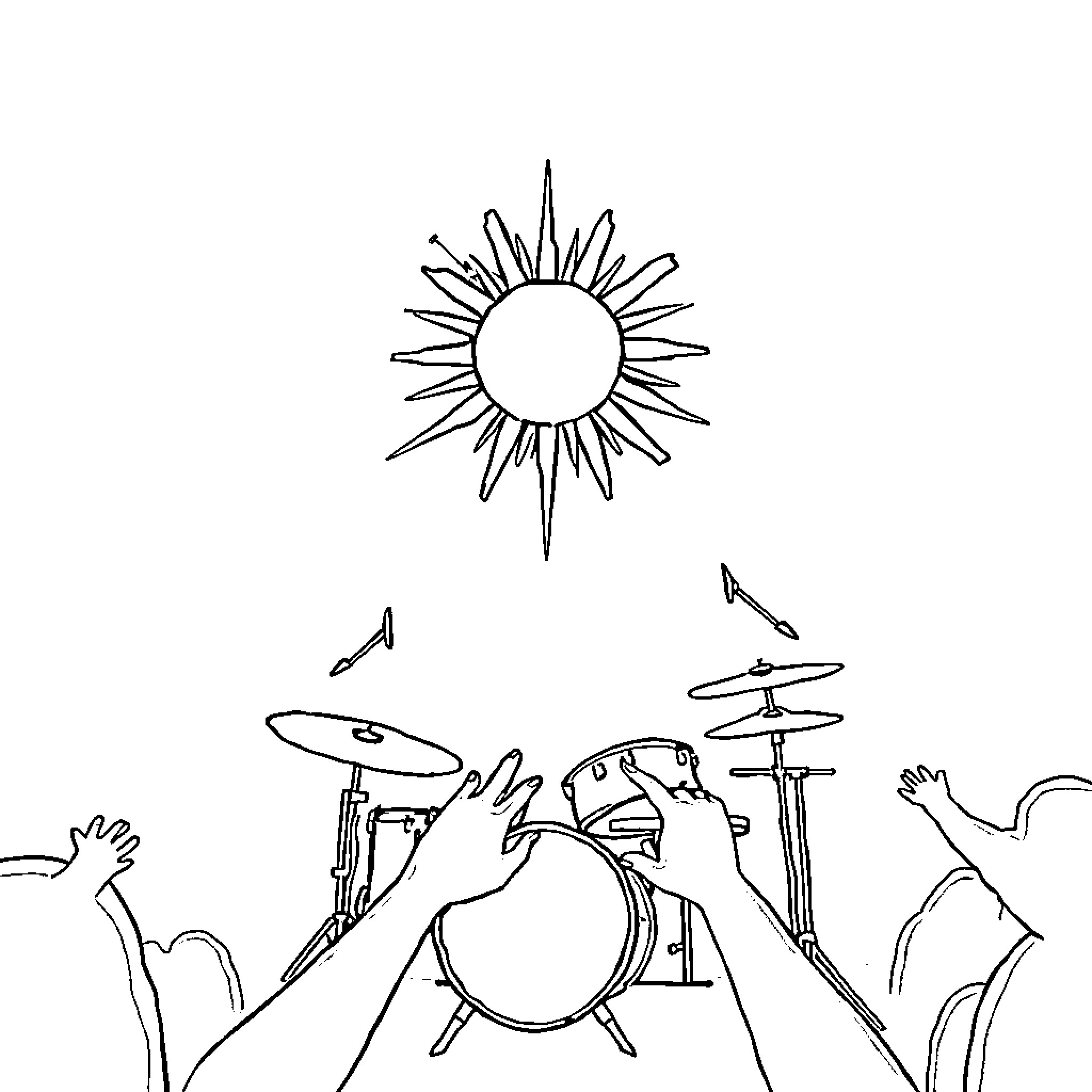 Sun shining over a musical performance Coloring Page (free black-and-white line drawing printable PDF for all, from beginners to advanced learners, including children, teens, adults, and seniors)