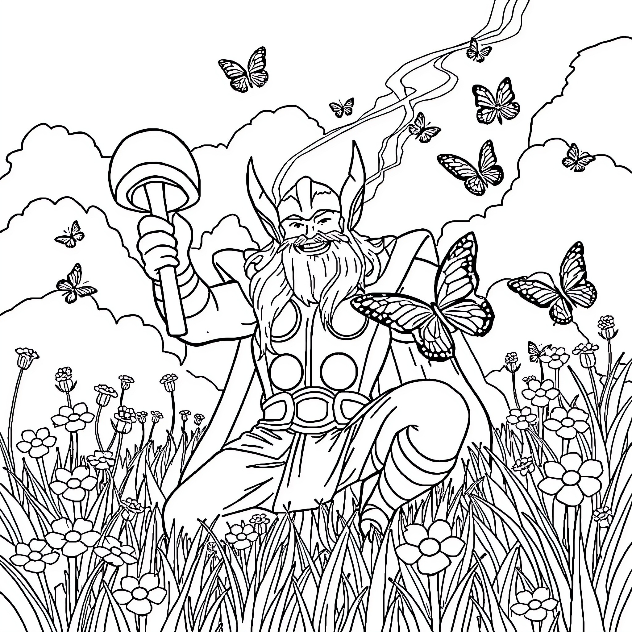 Thor's Magical Adventure with Butterflies Coloring Page (free black-and-white line drawing printable PDF for all, from beginners to advanced learners, including children, teens, adults, and seniors)