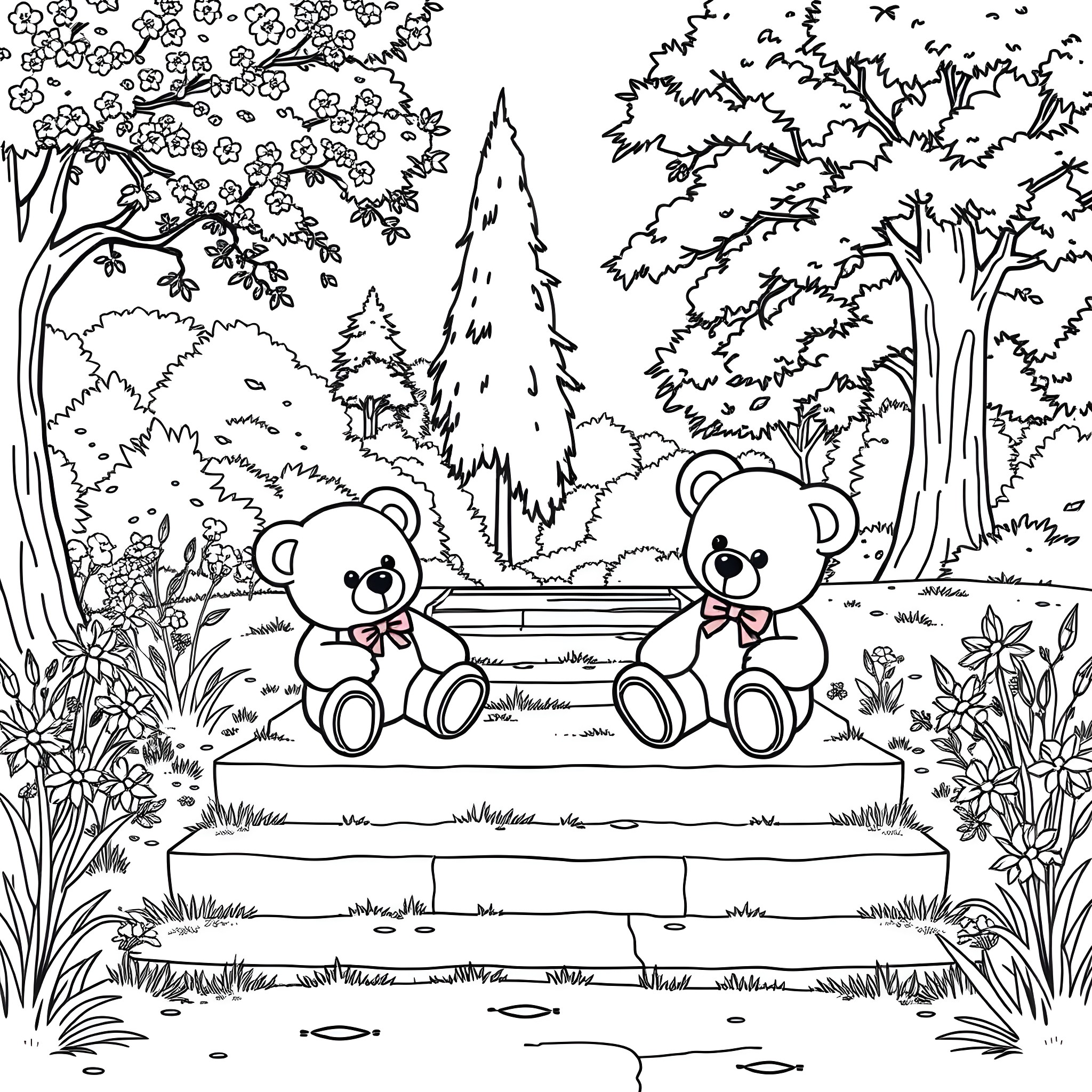 Teddy Bears enjoying a peaceful forest scene Coloring Page (free black-and-white line drawing printable PDF for all, from beginners to advanced learners, including children, teens, adults, and seniors)