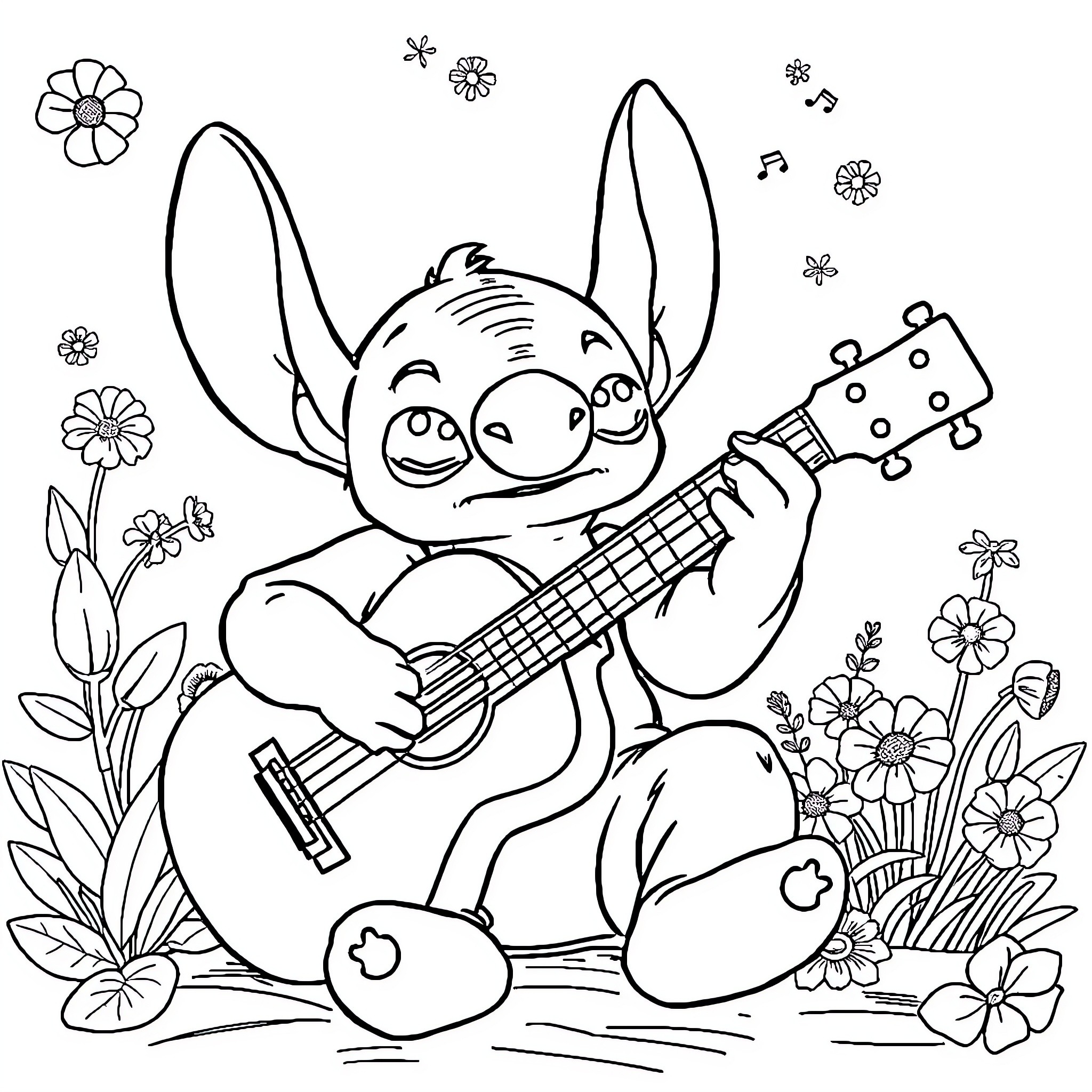 Stitch playing happily with a ukulele in a floral garden Coloring Page (free black-and-white line drawing printable PDF for all, from beginners to advanced learners, including children, teens, adults, and seniors)