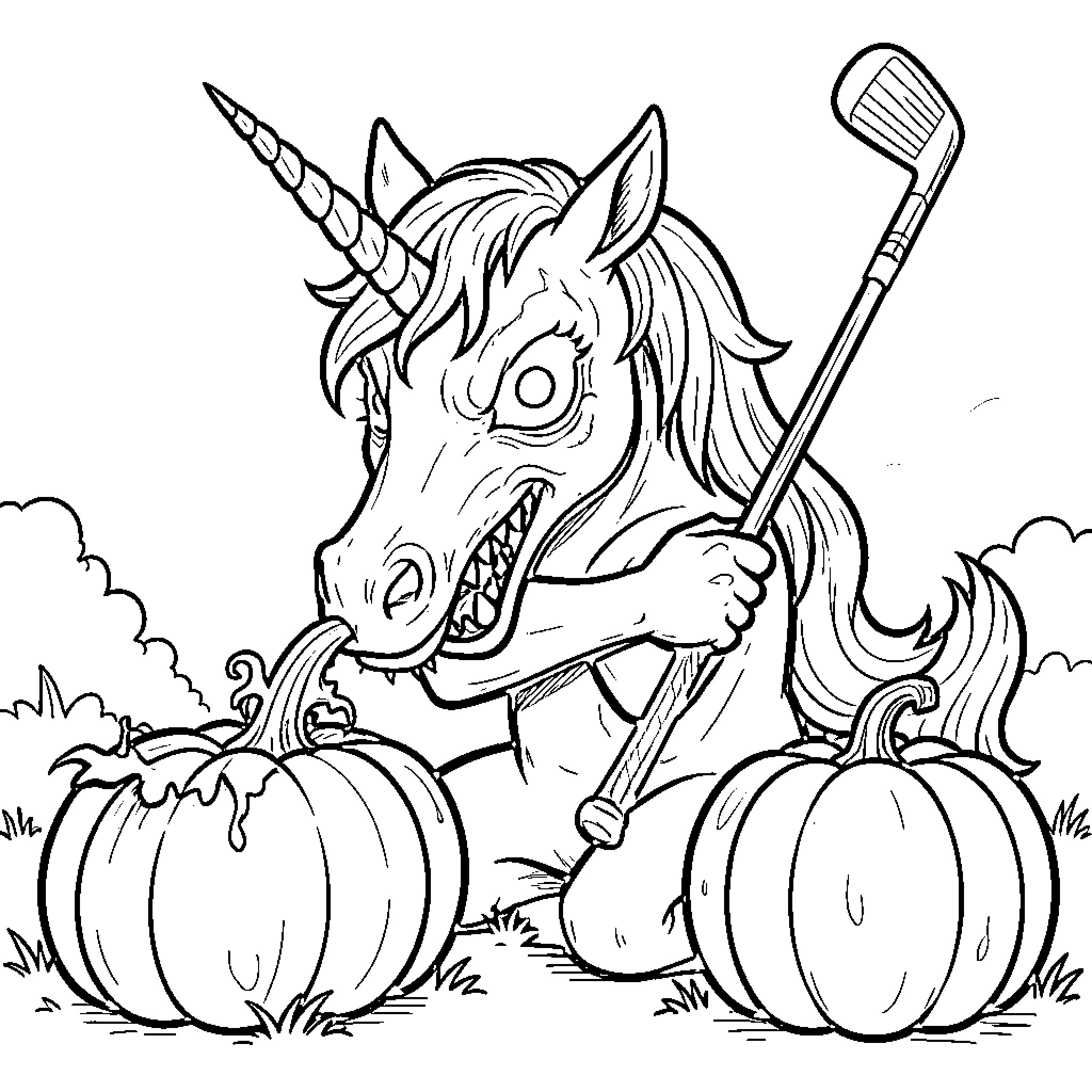 Unicorn carving pumpkins in the field Coloring Page (free black-and-white line drawing printable PDF for all, from beginners to advanced learners, including children, teens, adults, and seniors)