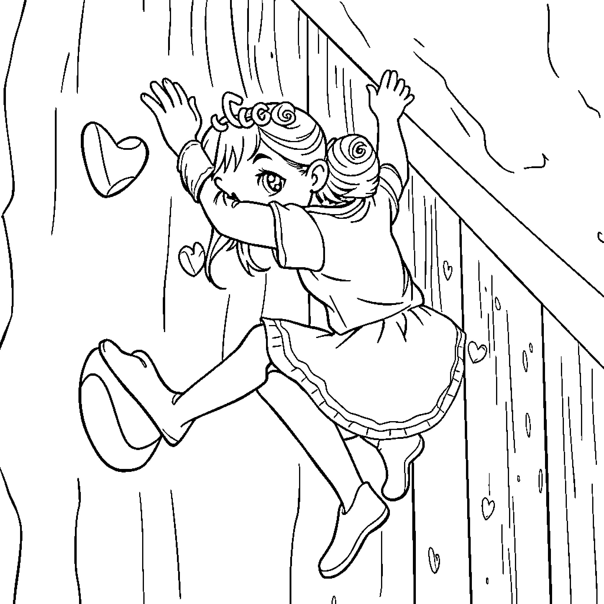 Girl climbing a wooden fence with hearts Coloring Page (free black-and-white line drawing printable PDF for all, from beginners to advanced learners, including children, teens, adults, and seniors)