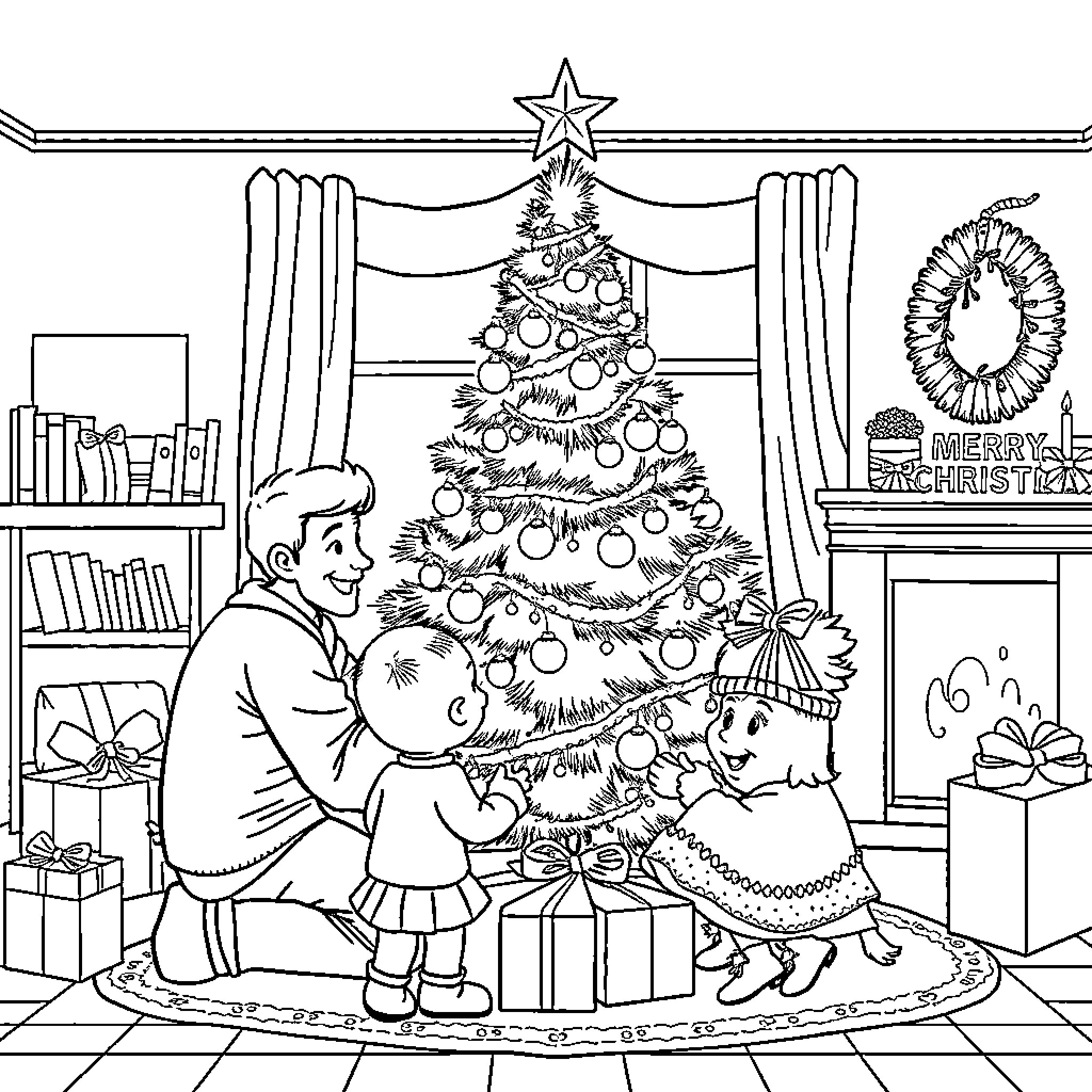 Family decorating Christmas tree together Coloring Page (free black-and-white line drawing printable PDF for all, from beginners to advanced learners, including children, teens, adults, and seniors)