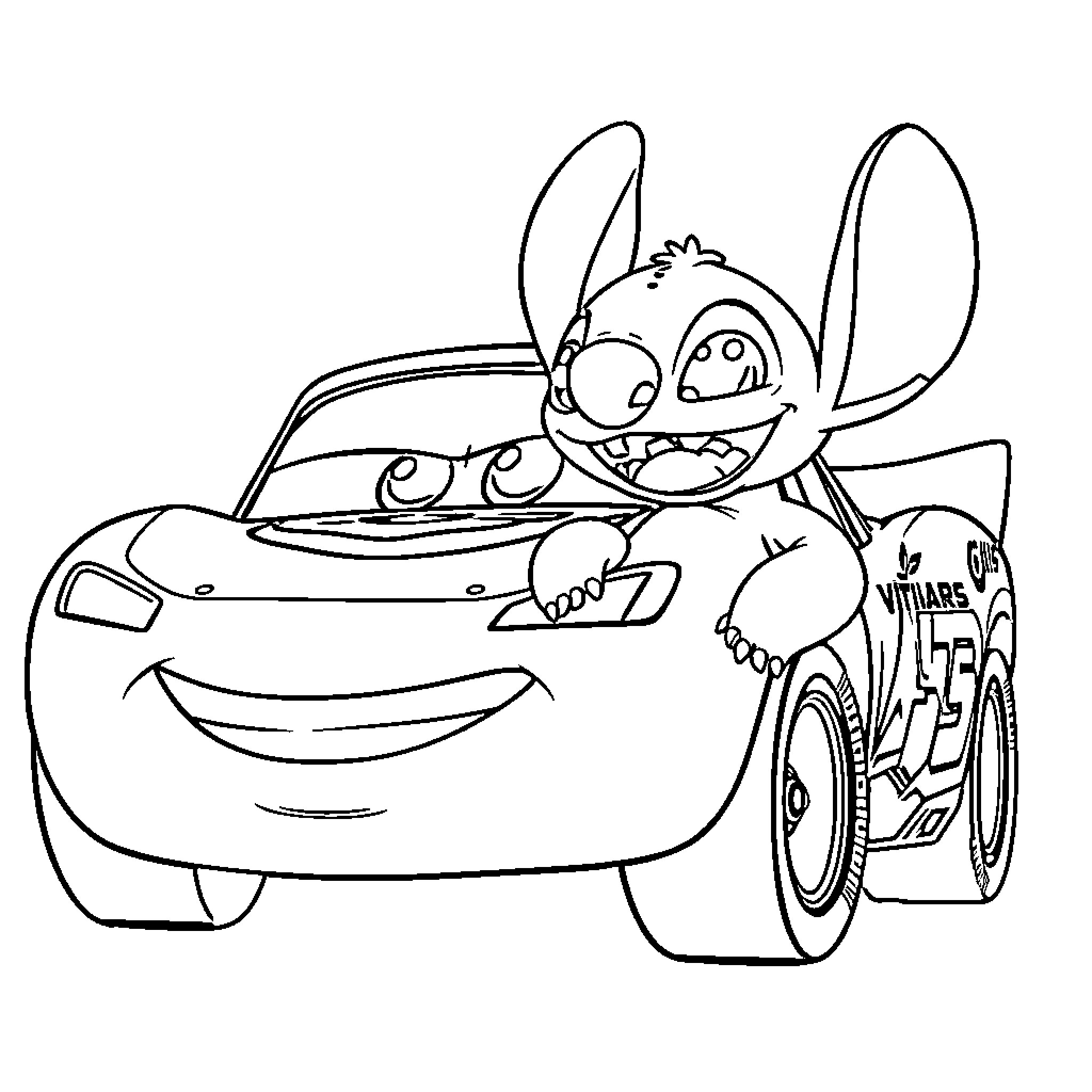 Lightning McQueen and Stitch in an exciting adventure Coloring Page (free black-and-white line drawing printable PDF for all, from beginners to advanced learners, including children, teens, adults, and seniors)