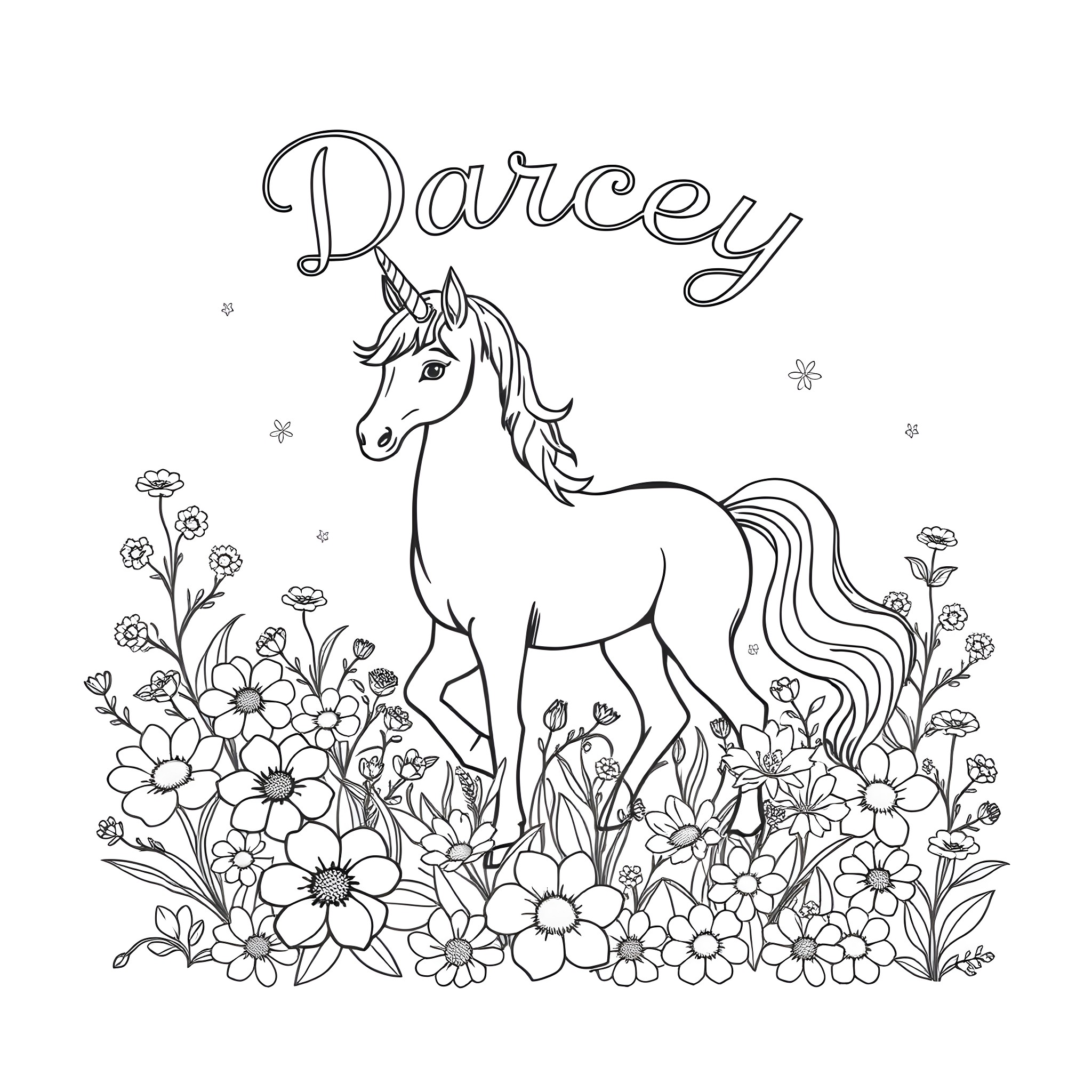 Unicorn frolicking among enchanting flowers Coloring Page (free black-and-white line drawing printable PDF for all, from beginners to advanced learners, including children, teens, adults, and seniors)