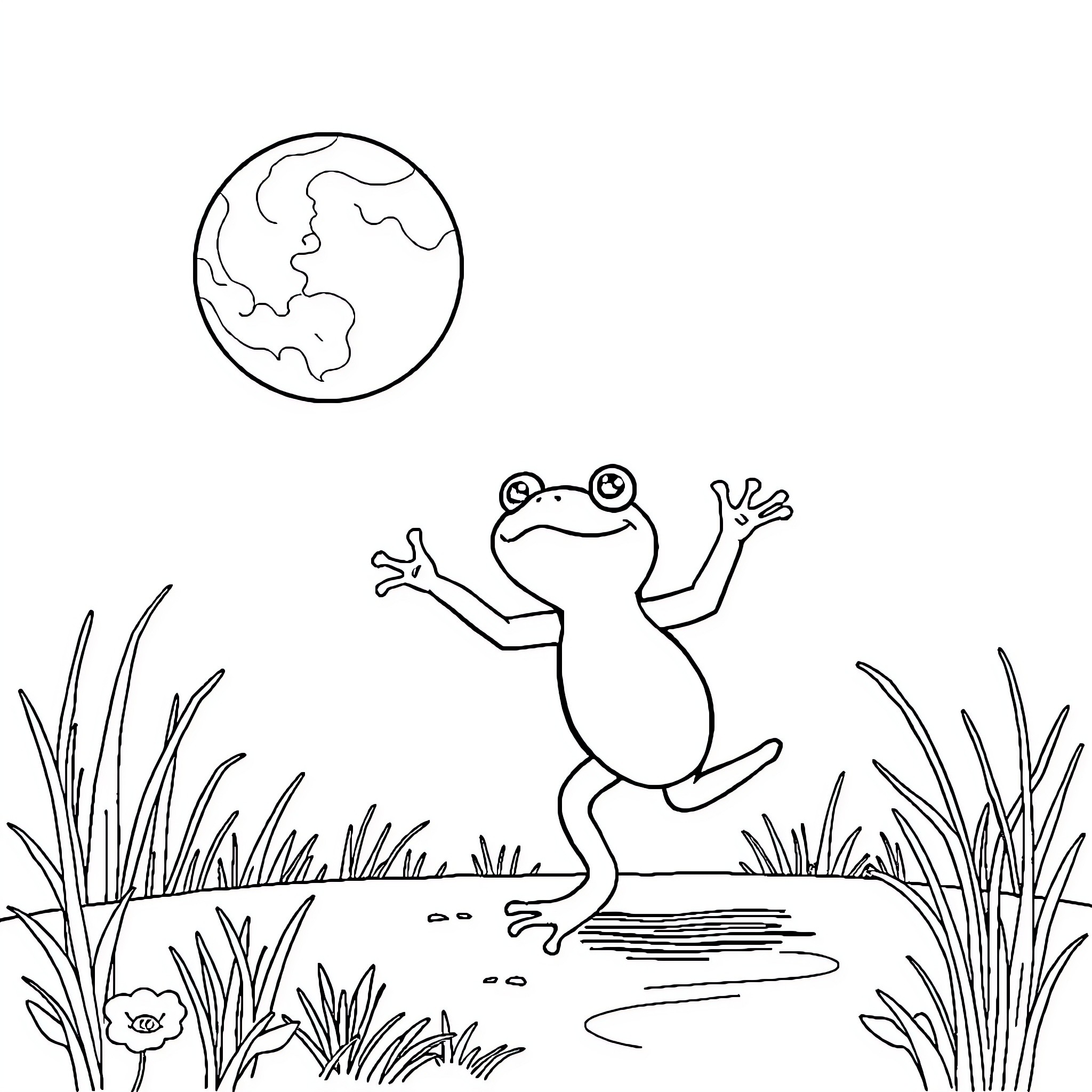 Frog dancing under the moonlight Coloring Page (free black-and-white line drawing printable PDF for all, from beginners to advanced learners, including children, teens, adults, and seniors)
