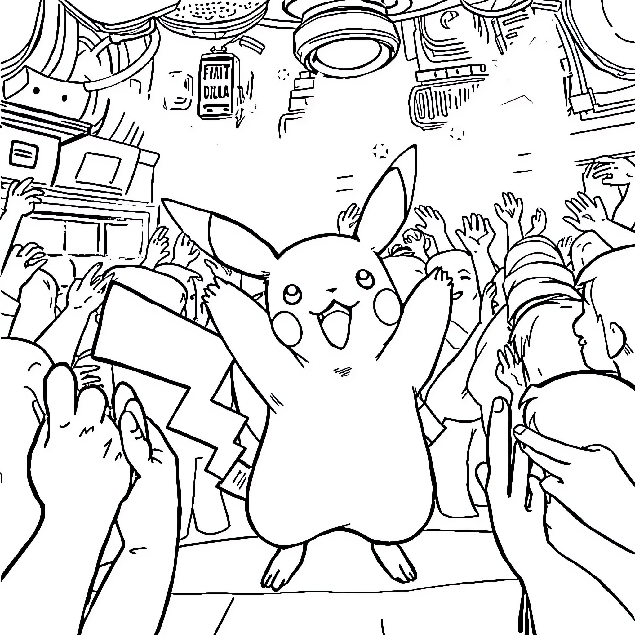 Pikachu entertaining a cheering crowd Coloring Page (free black-and-white line drawing printable PDF for all, from beginners to advanced learners, including children, teens, adults, and seniors)