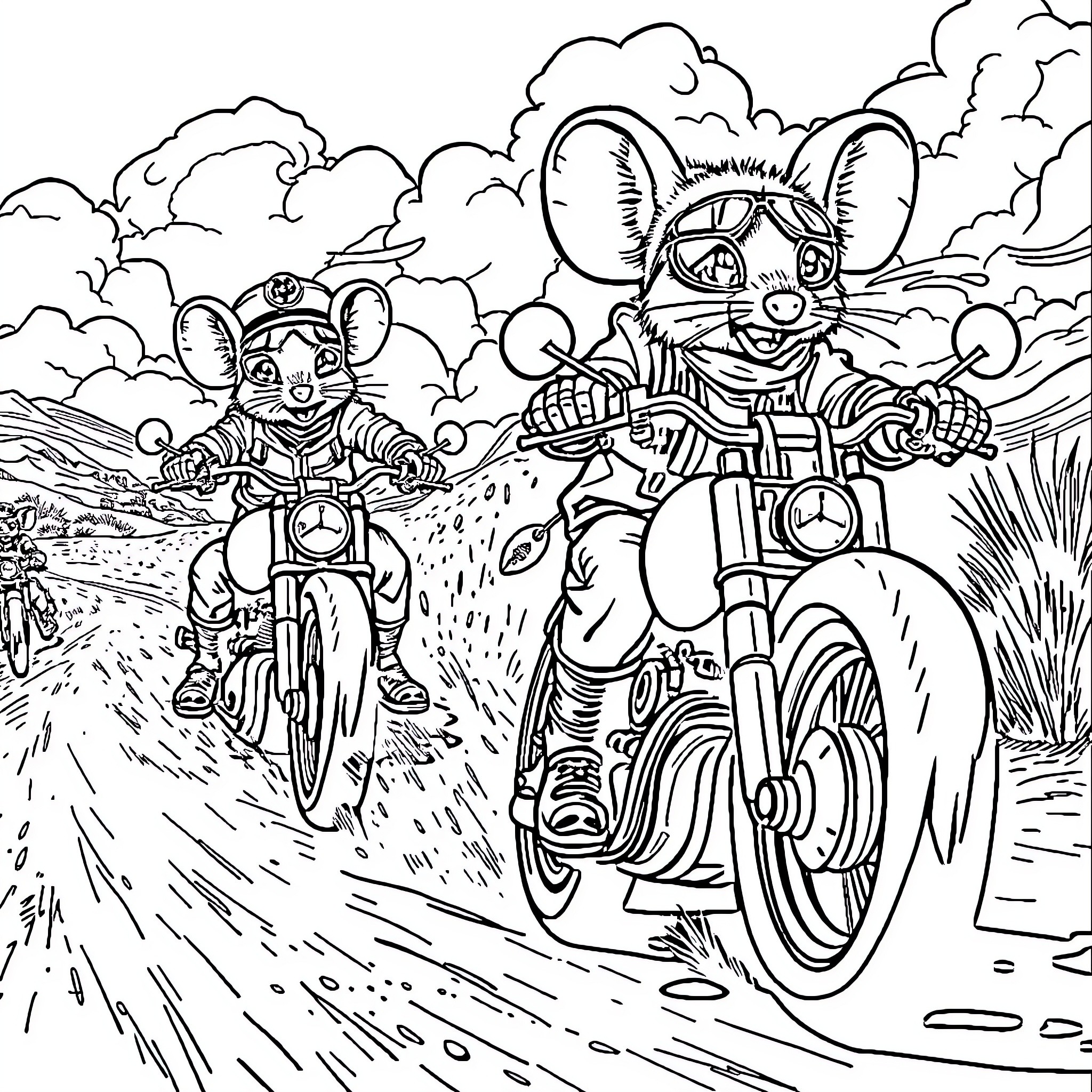 Biker Mice racing on the open road Coloring Page (free black-and-white line drawing printable PDF for all, from beginners to advanced learners, including children, teens, adults, and seniors)