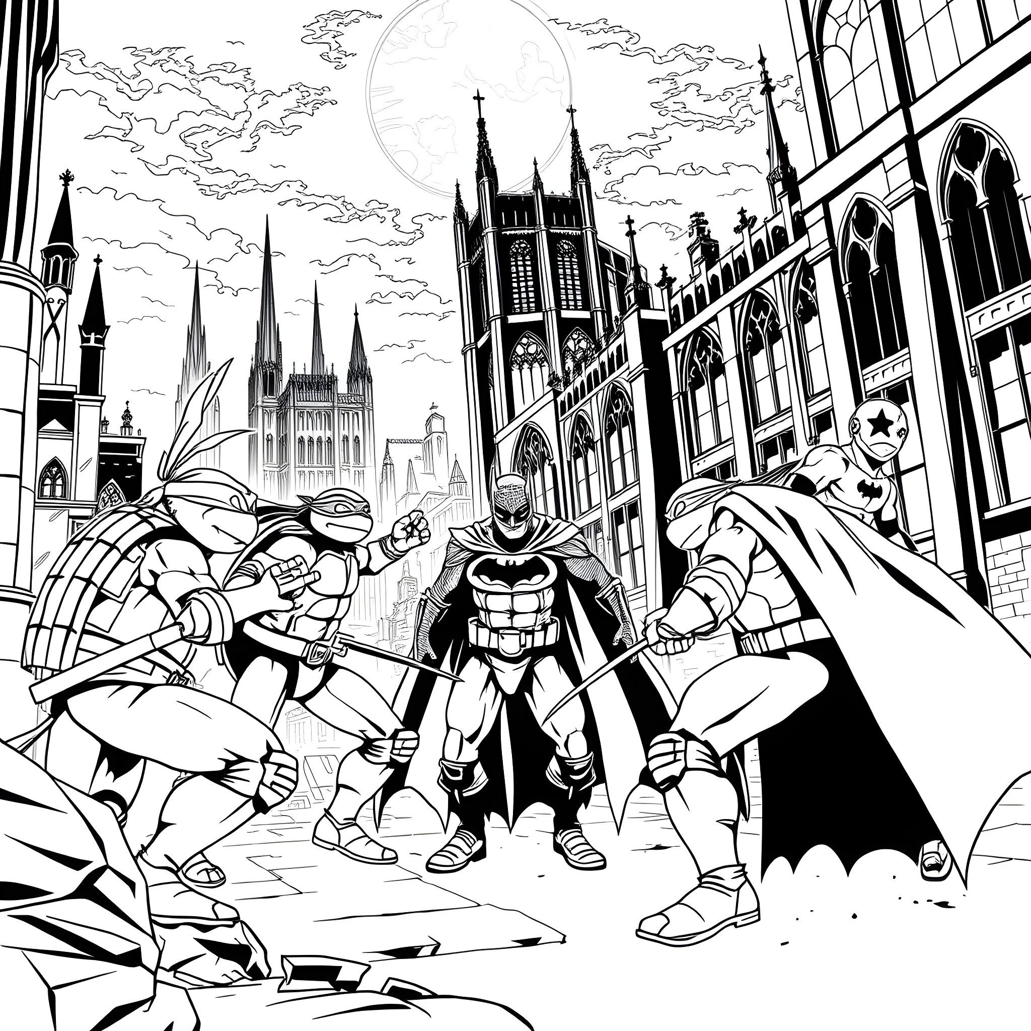 Ninja Turtle Heroes Facing Off Against Villains in the City Coloring Page (free black-and-white line drawing printable PDF for all, from beginners to advanced learners, including children, teens, adults, and seniors)