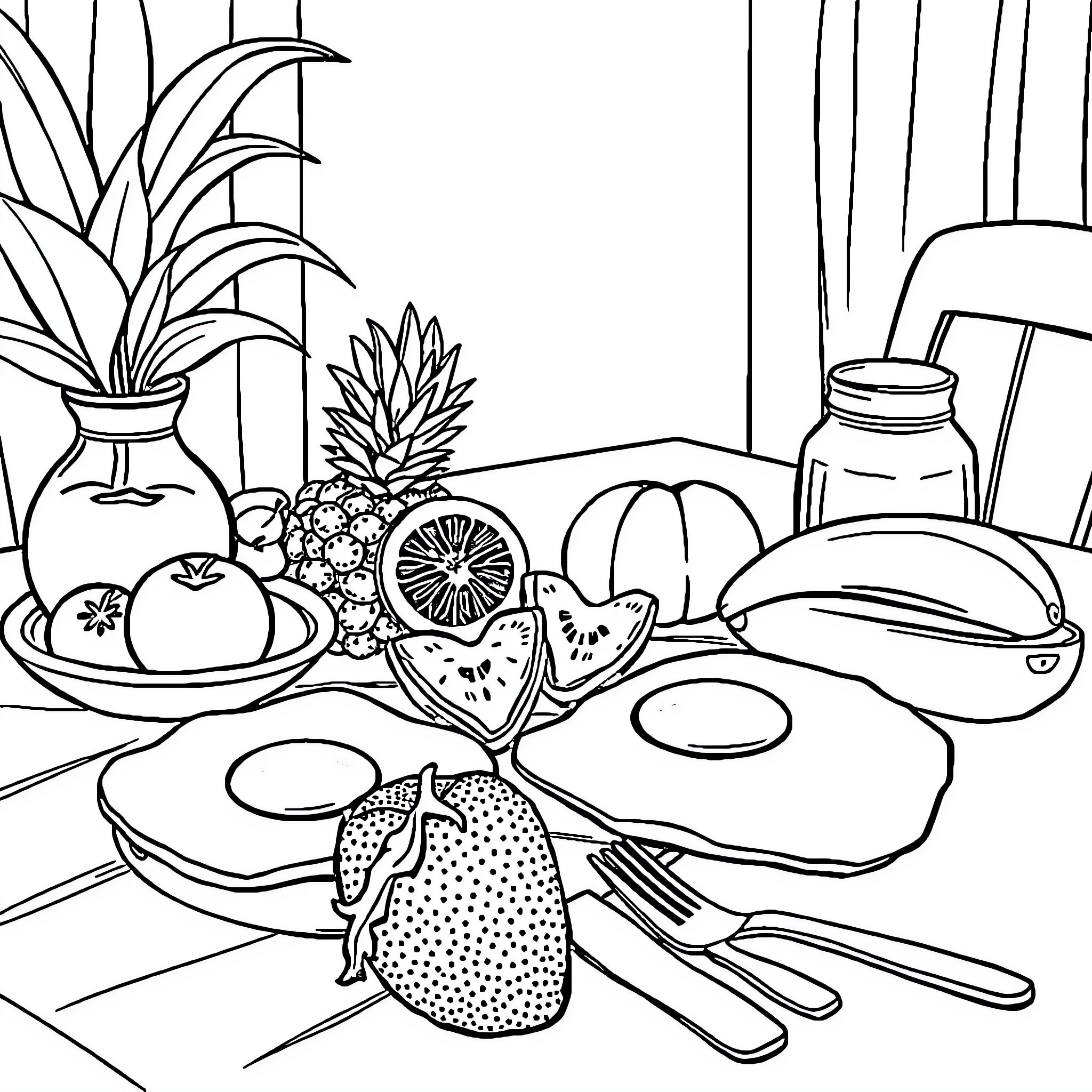 Breakfast with Fruits and Dishes Coloring Page (free black-and-white line drawing printable PDF for all, from beginners to advanced learners, including children, teens, adults, and seniors)