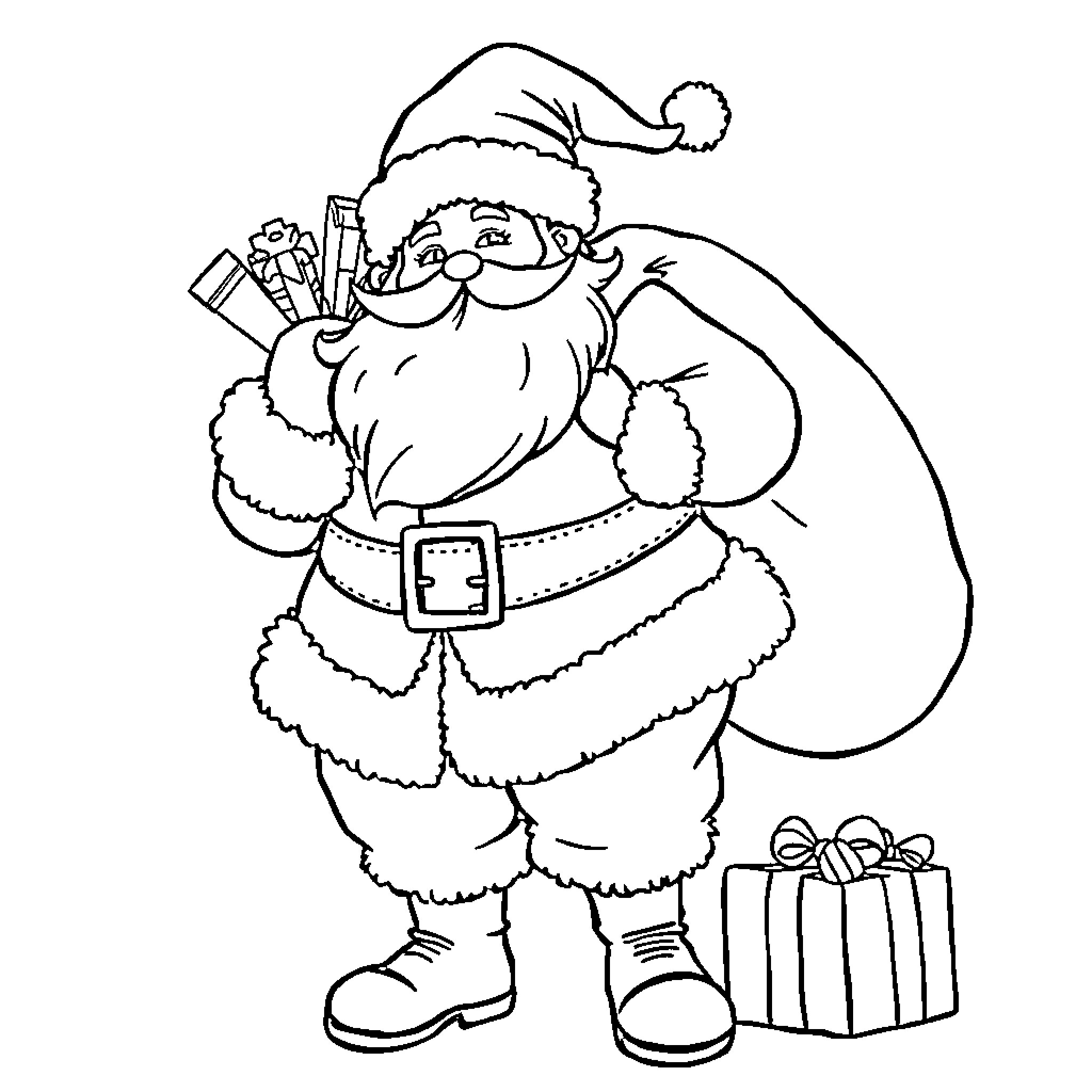 Santa Claus carrying gifts and toys Coloring Page (free black-and-white line drawing printable PDF for all, from beginners to advanced learners, including children, teens, adults, and seniors)