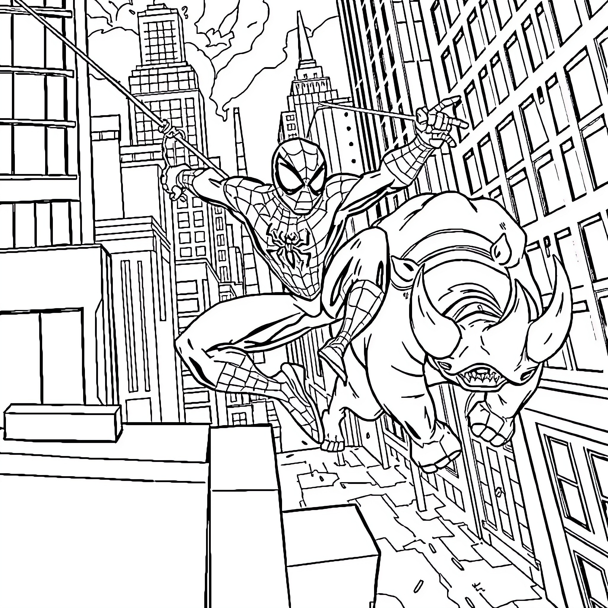 Spider-Man swinging through the city Coloring Page (free black-and-white line drawing printable PDF for all, from beginners to advanced learners, including children, teens, adults, and seniors)