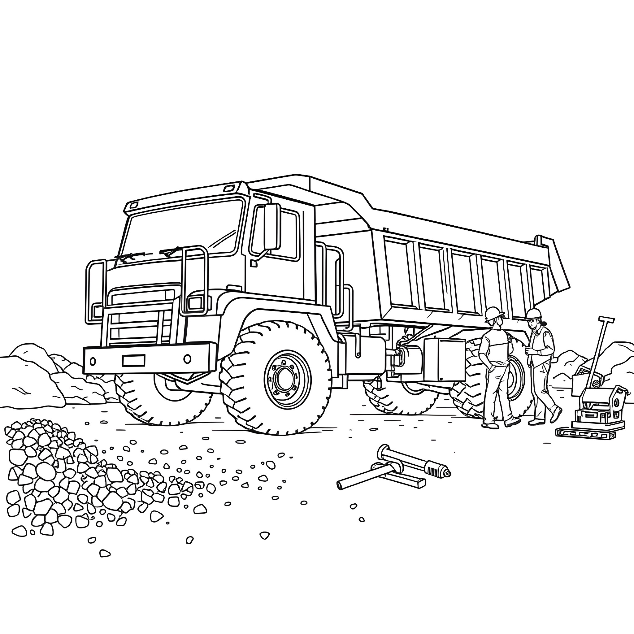 Dump Truck at a Construction Site Coloring Page (free black-and-white line drawing printable PDF for all, from beginners to advanced learners, including children, teens, adults, and seniors)