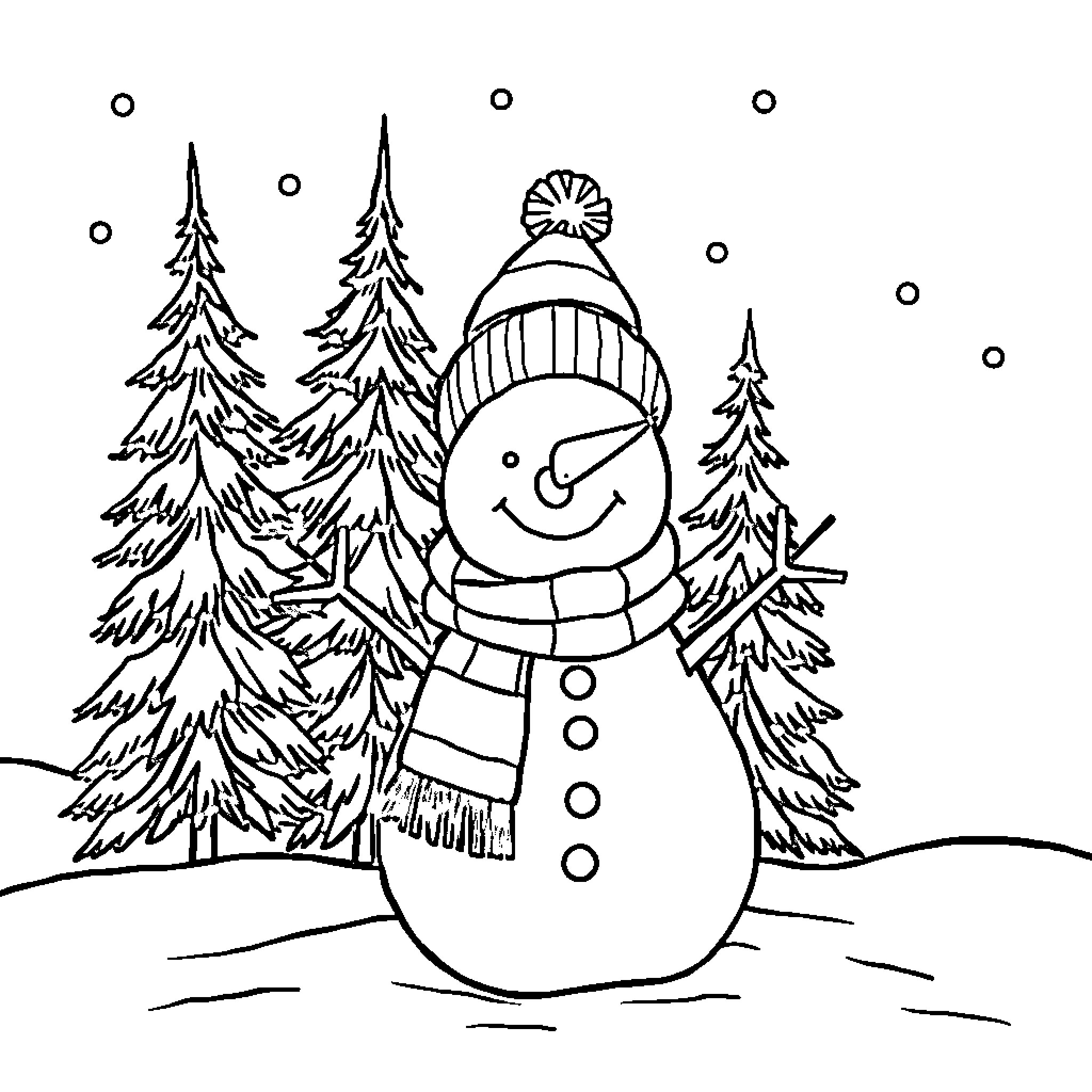 Snowman enjoying snowy winter landscape Coloring Page (free black-and-white line drawing printable PDF for all, from beginners to advanced learners, including children, teens, adults, and seniors)