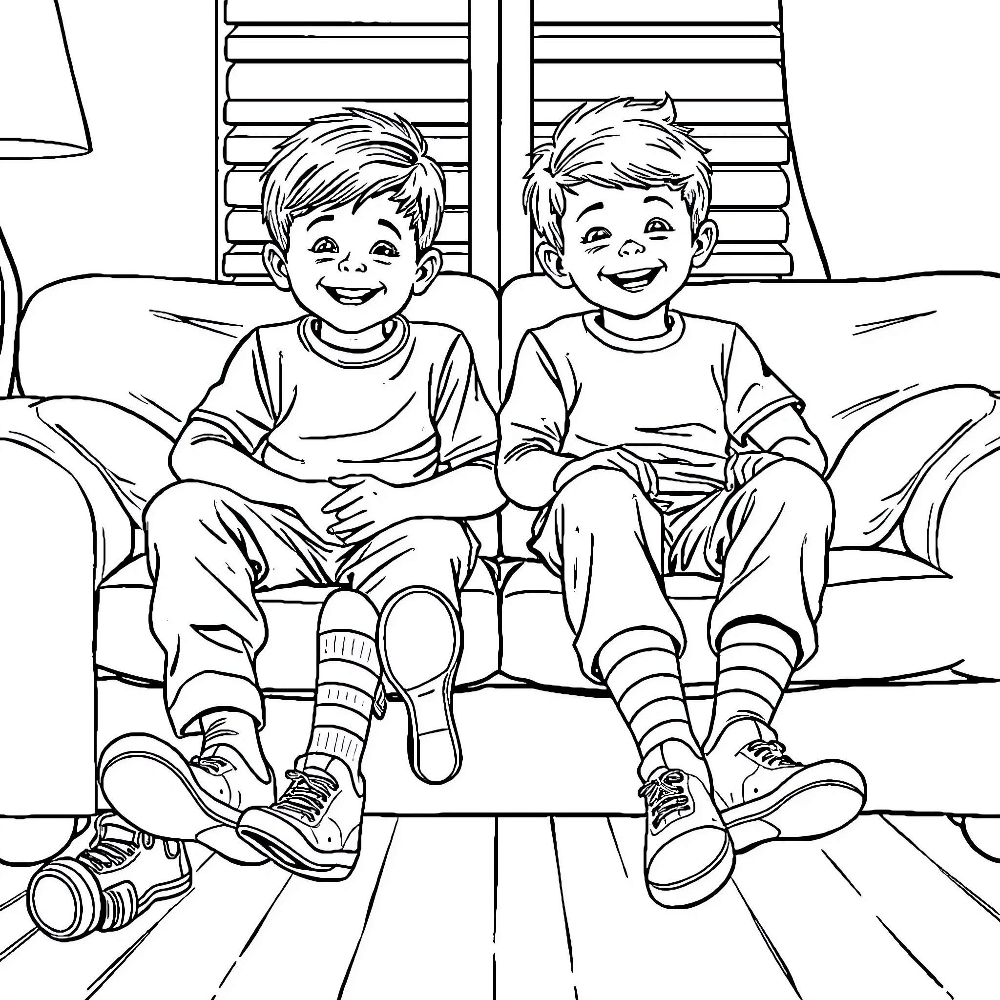 Boy friends sitting happily on porch Coloring Page (free black-and-white line drawing printable PDF for all, from beginners to advanced learners, including children, teens, adults, and seniors)