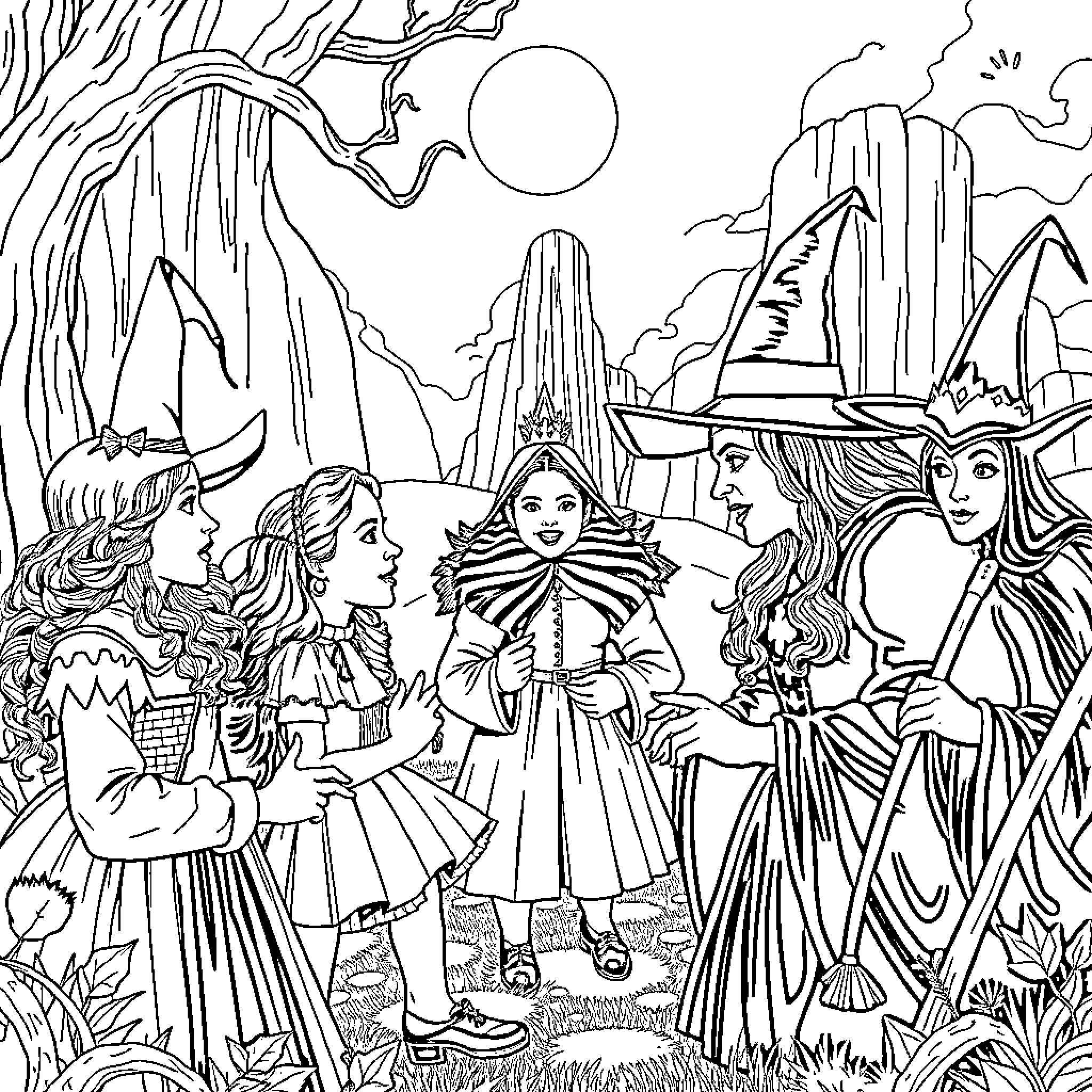 Wizard Characters in Enchanted Landscape Coloring Page (free black-and-white line drawing printable PDF for all, from beginners to advanced learners, including children, teens, adults, and seniors)