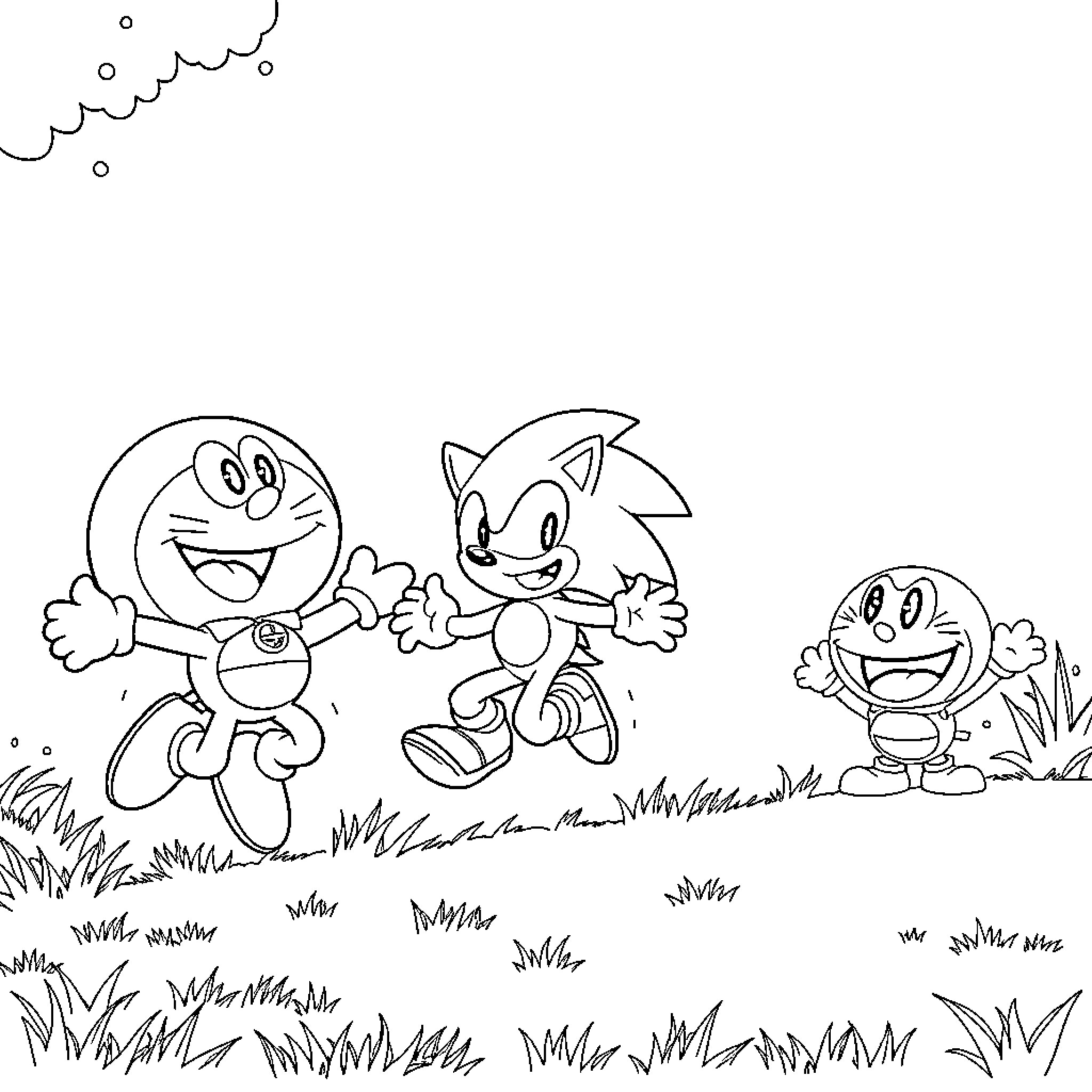 Sonic characters playing and running in the grass Coloring Page (free black-and-white line drawing printable PDF for all, from beginners to advanced learners, including children, teens, adults, and seniors)