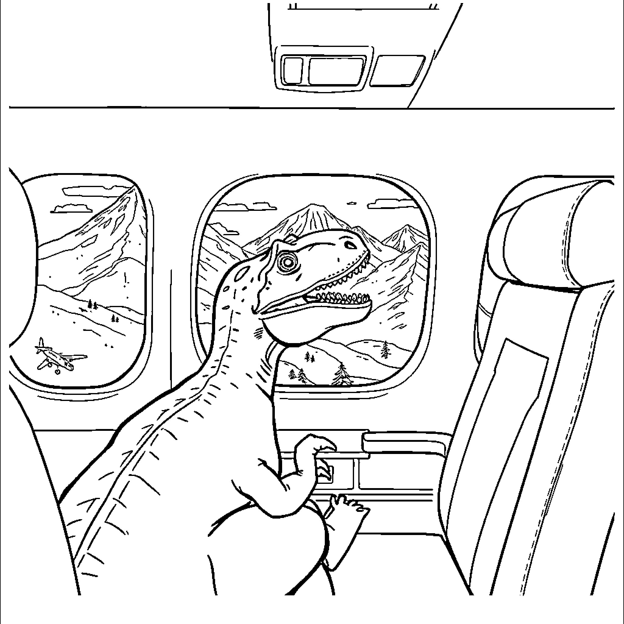 Dinosaur exploring the world from an airplane window Coloring Page (free black-and-white line drawing printable PDF for all, from beginners to advanced learners, including children, teens, adults, and seniors)
