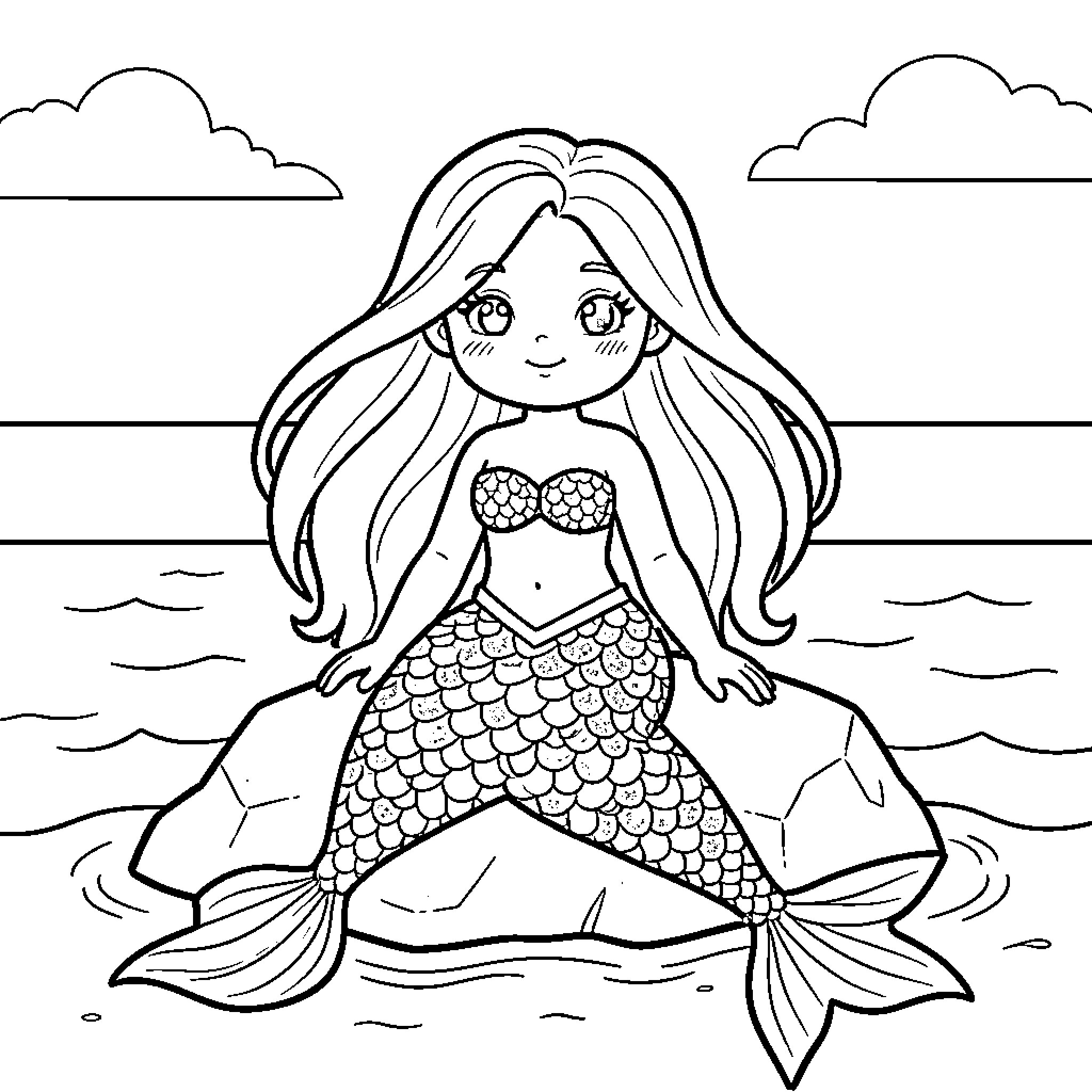 Mermaid enjoying the ocean scenery Coloring Page (free black-and-white line drawing printable PDF for all, from beginners to advanced learners, including children, teens, adults, and seniors)