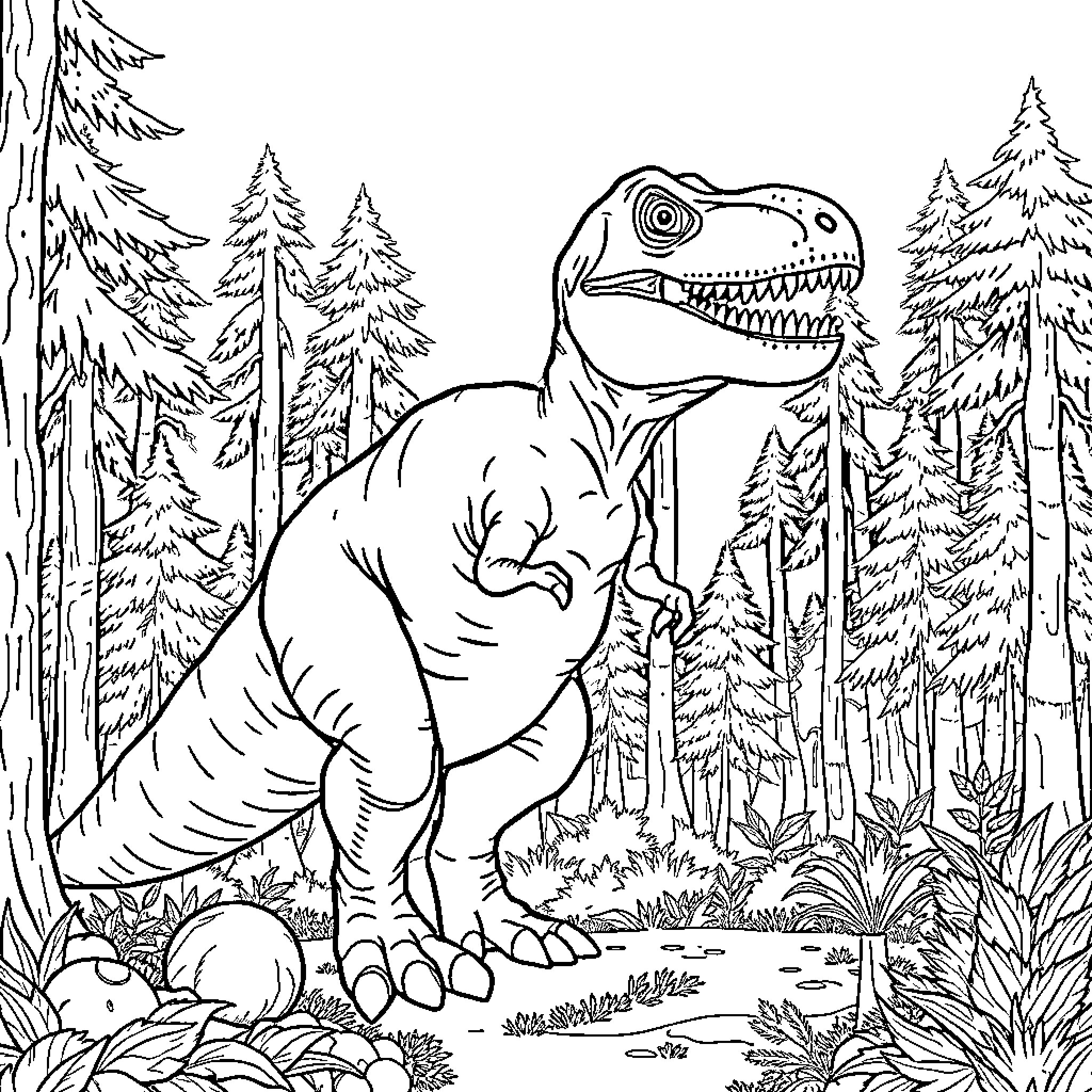 T-Rex Roaming in the Forest Wilderness Coloring Page (free black-and-white line drawing printable PDF for all, from beginners to advanced learners, including children, teens, adults, and seniors)