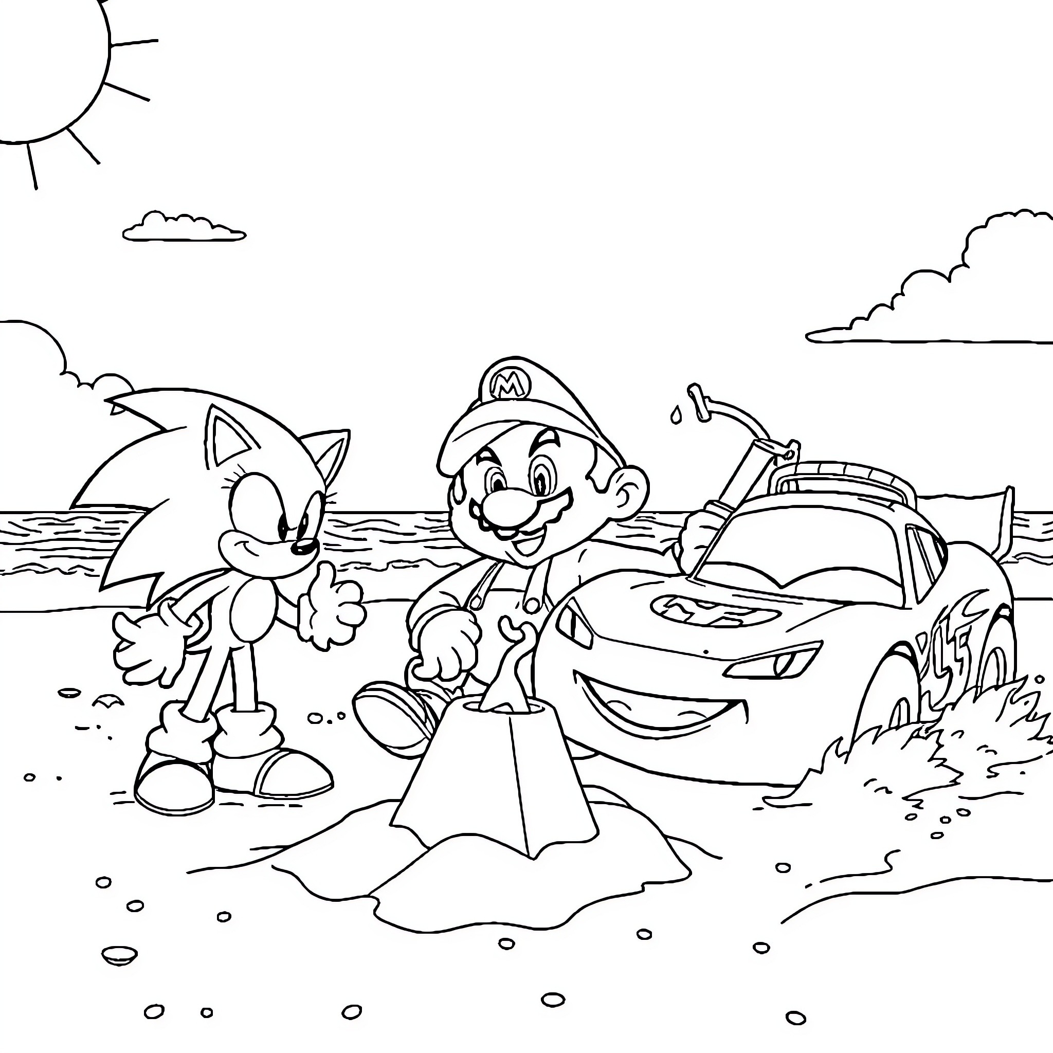 Sonic and Mario Explore Beach Adventure Coloring Page (free black-and-white line drawing printable PDF for all, from beginners to advanced learners, including children, teens, adults, and seniors)
