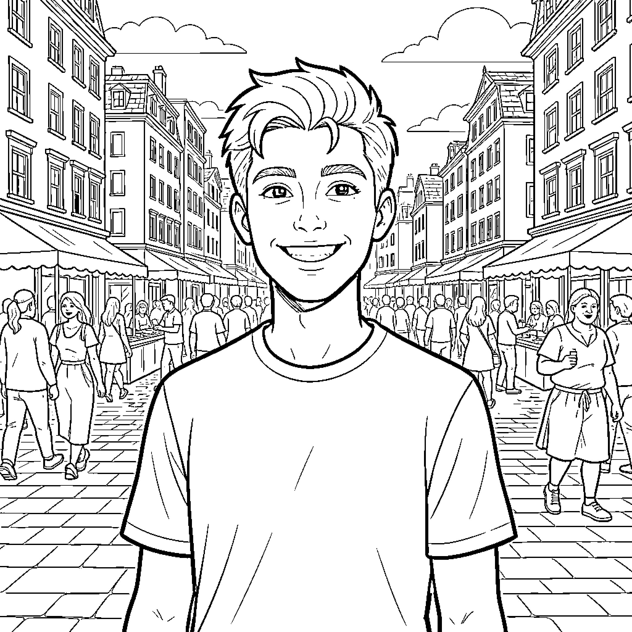 Felix Banaszak exploring the bustling city streets Coloring Page (free black-and-white line drawing printable PDF for all, from beginners to advanced learners, including children, teens, adults, and seniors)