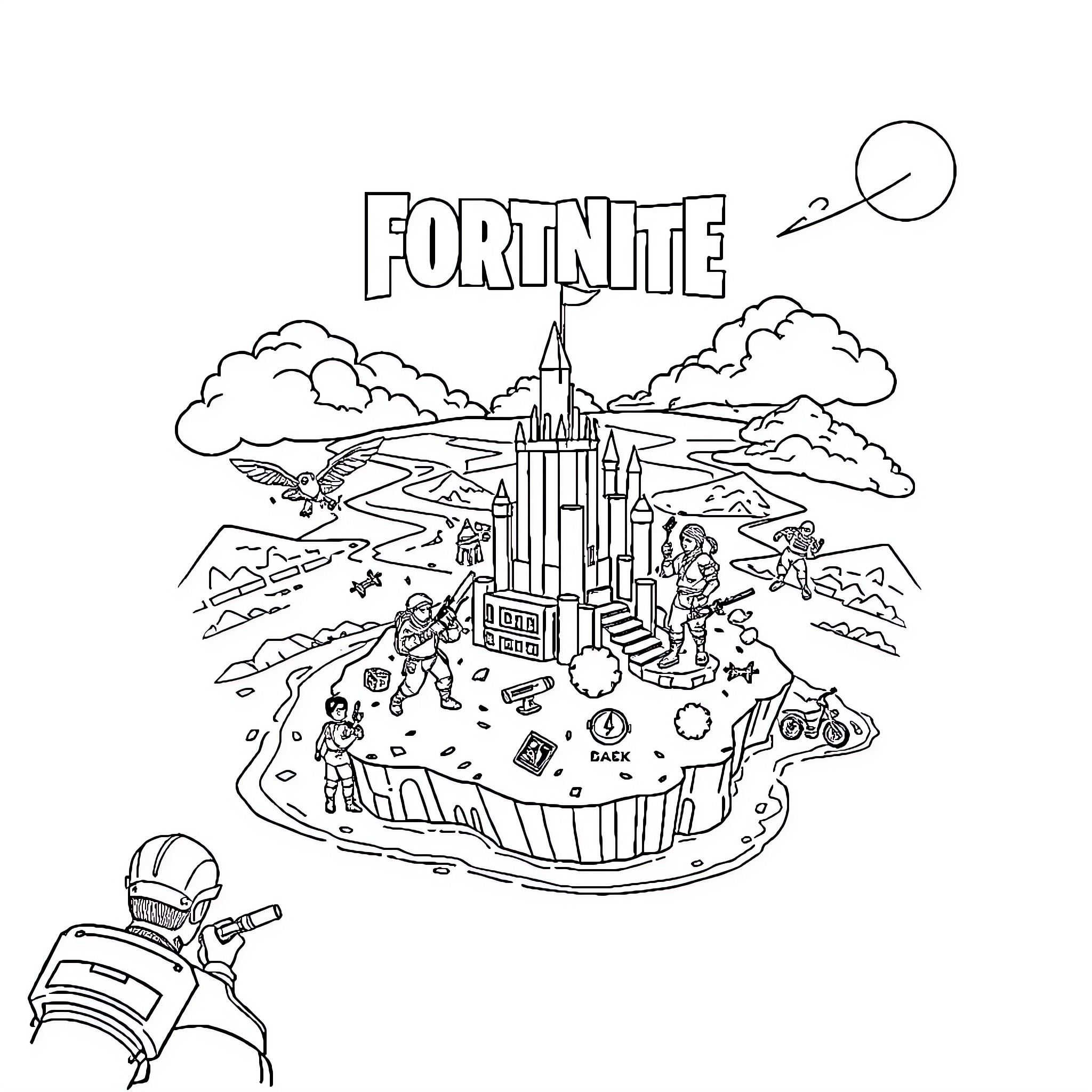 Fortnite characters exploring a vibrant game world Coloring Page (free black-and-white line drawing printable PDF for all, from beginners to advanced learners, including children, teens, adults, and seniors)