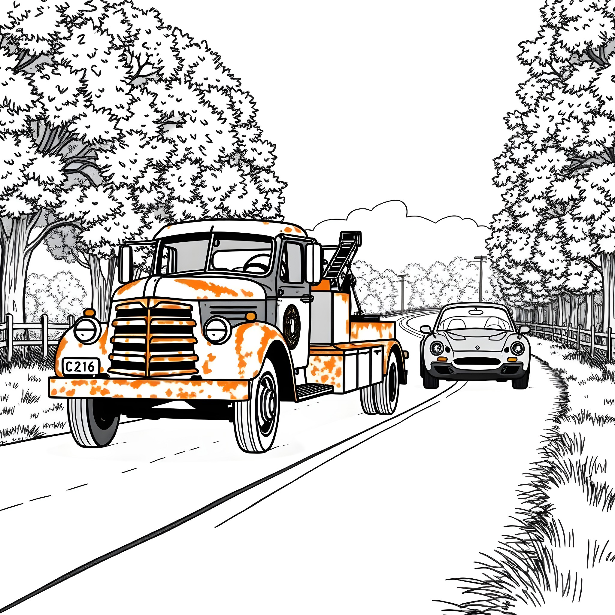 Tow Truck Transporting Vintage Car on Rural Road Coloring Page (free black-and-white line drawing printable PDF for all, from beginners to advanced learners, including children, teens, adults, and seniors)