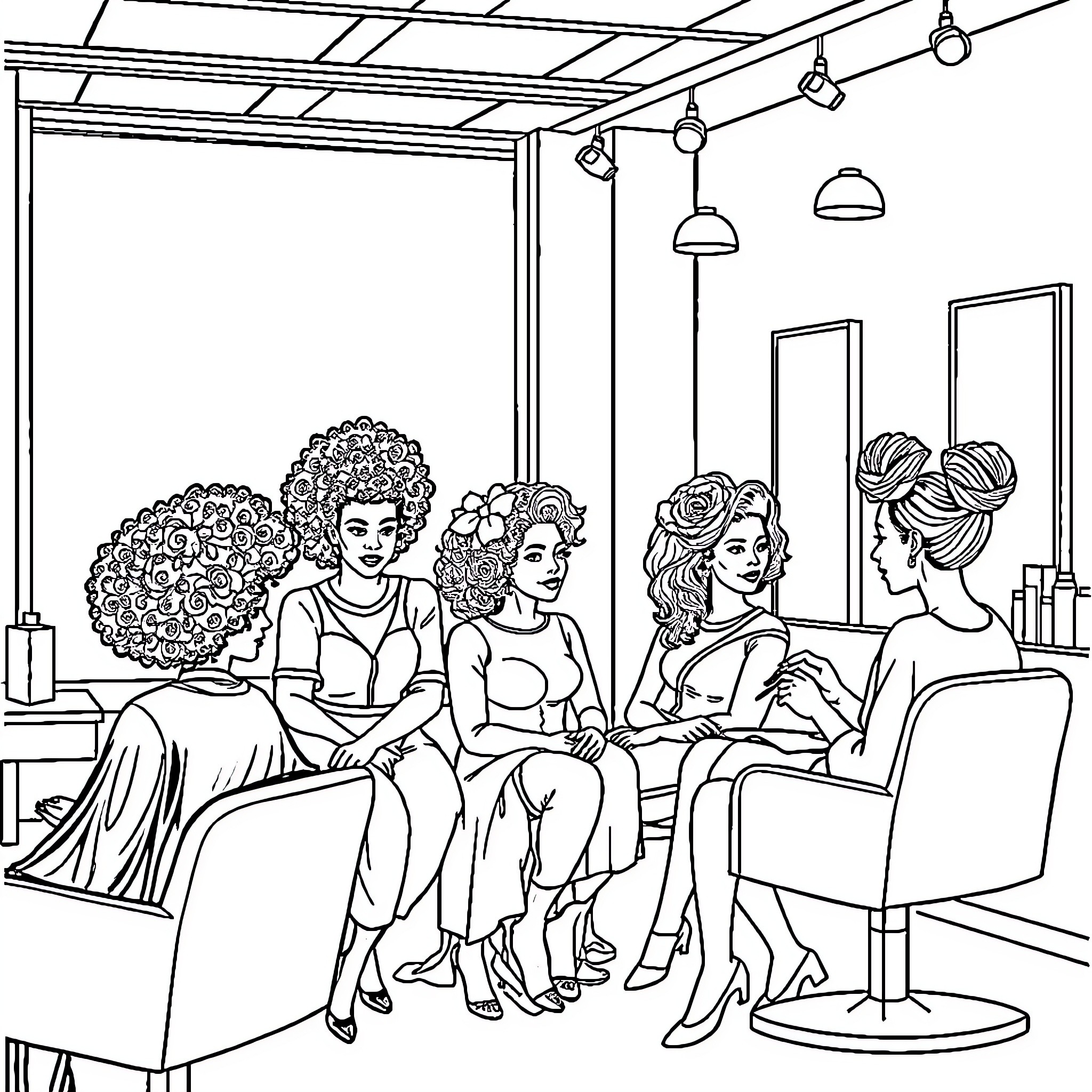 Women chatting in a salon Coloring Page (free black-and-white line drawing printable PDF for all, from beginners to advanced learners, including children, teens, adults, and seniors)