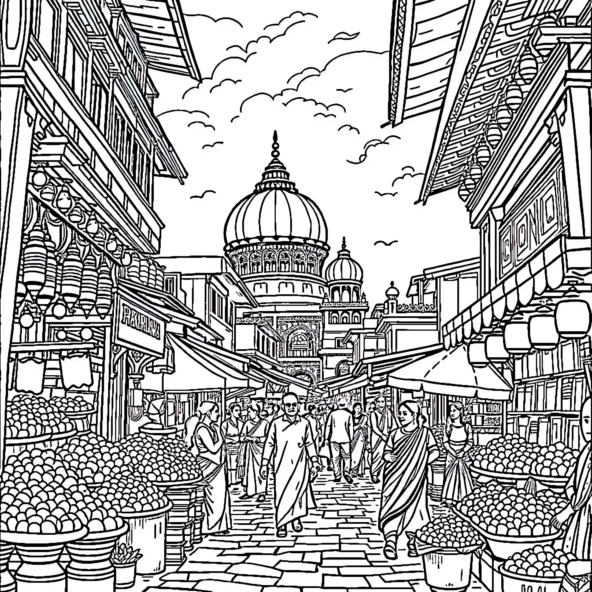 India: Bustling Street Scene with Ornate Architecture Coloring Page (free black-and-white line drawing printable PDF for all, from beginners to advanced learners, including children, teens, adults, and seniors)