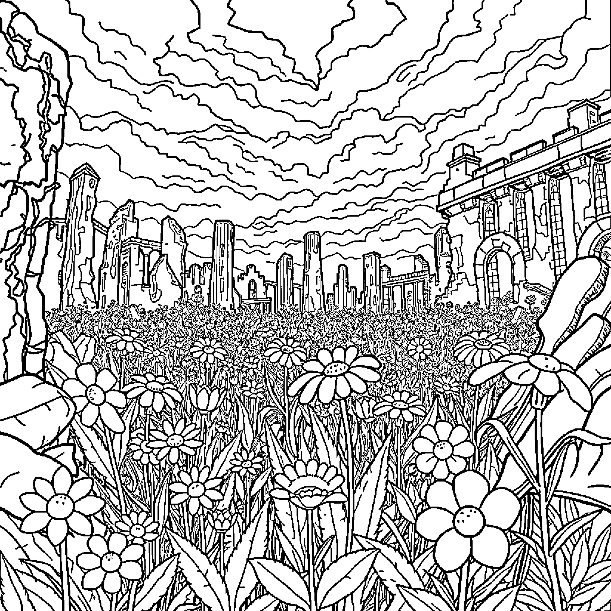 Flower-filled cityscape with intricate skyscrapers Coloring Page (free black-and-white line drawing printable PDF for all, from beginners to advanced learners, including children, teens, adults, and seniors)