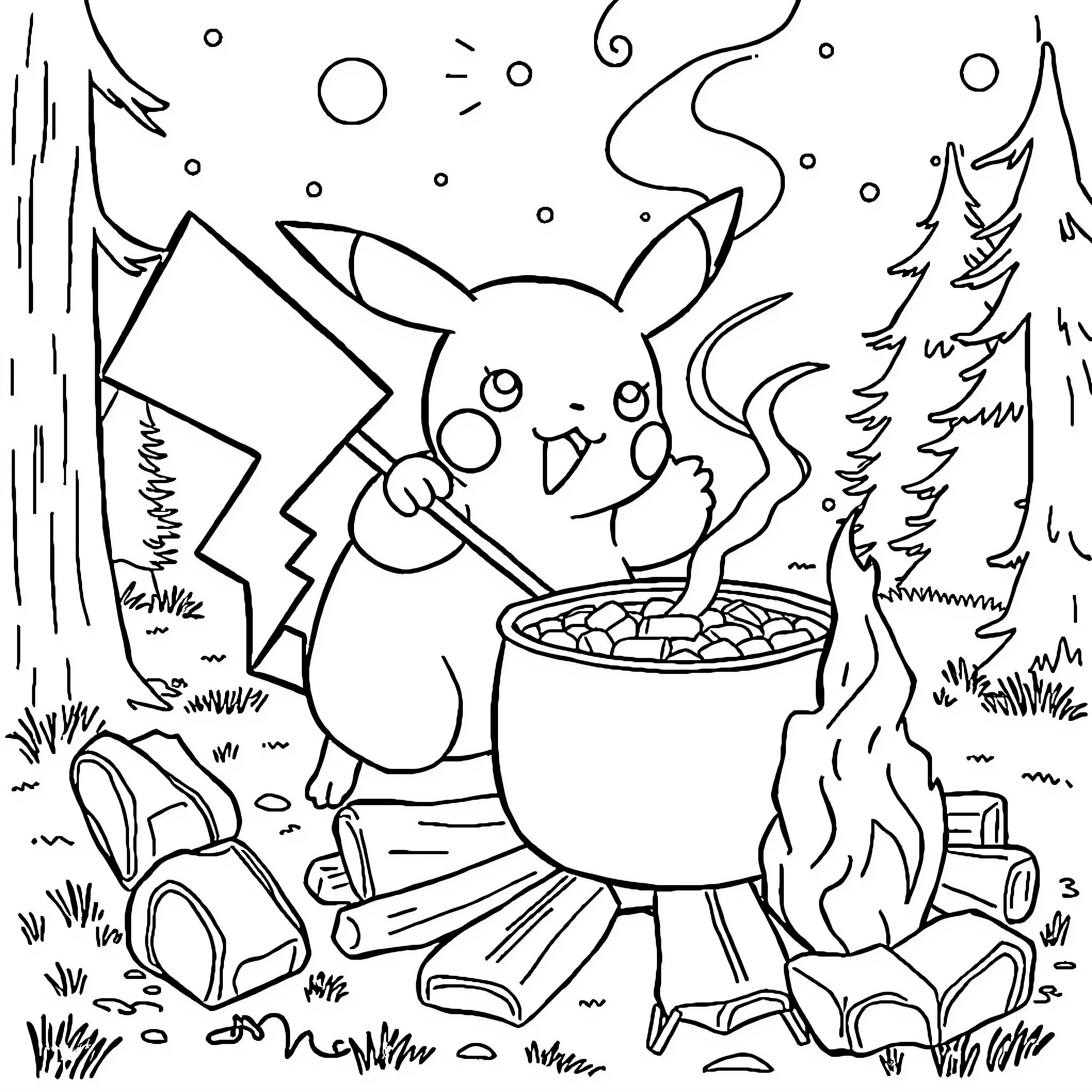 Pikachu cooking over a campfire in the woods Coloring Page (free black-and-white line drawing printable PDF for all, from beginners to advanced learners, including children, teens, adults, and seniors)
